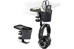 EHO Clamp-On Desk Drink Holder Attachment with Headphone Hanger