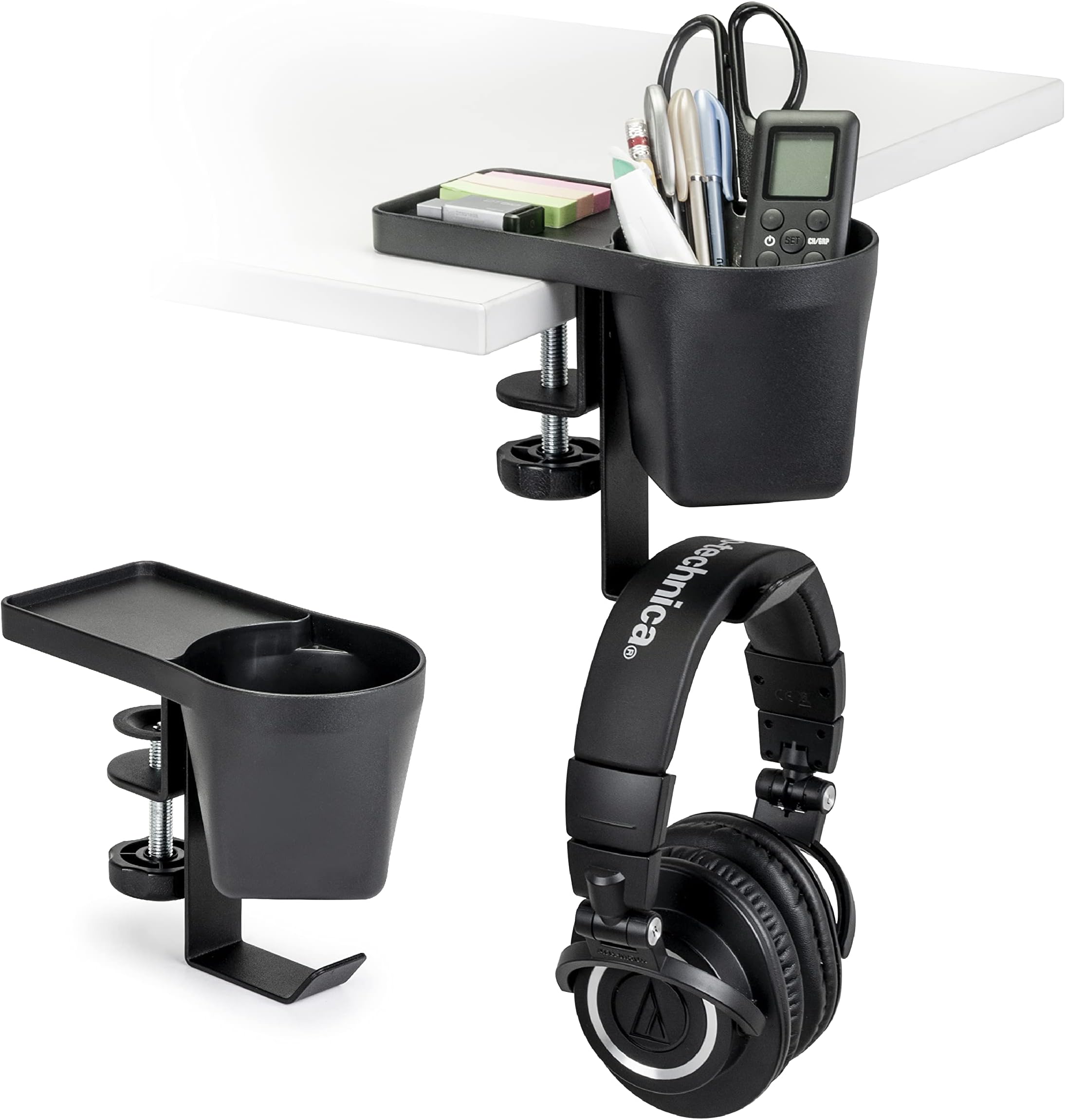EHO Clamp On Pen Cup Holder with Headphone Hanger, Under Desk Headphone Hook or Bag Hook for Pens, Pencils, Paper Clips, Various Stationery and Drink Cups