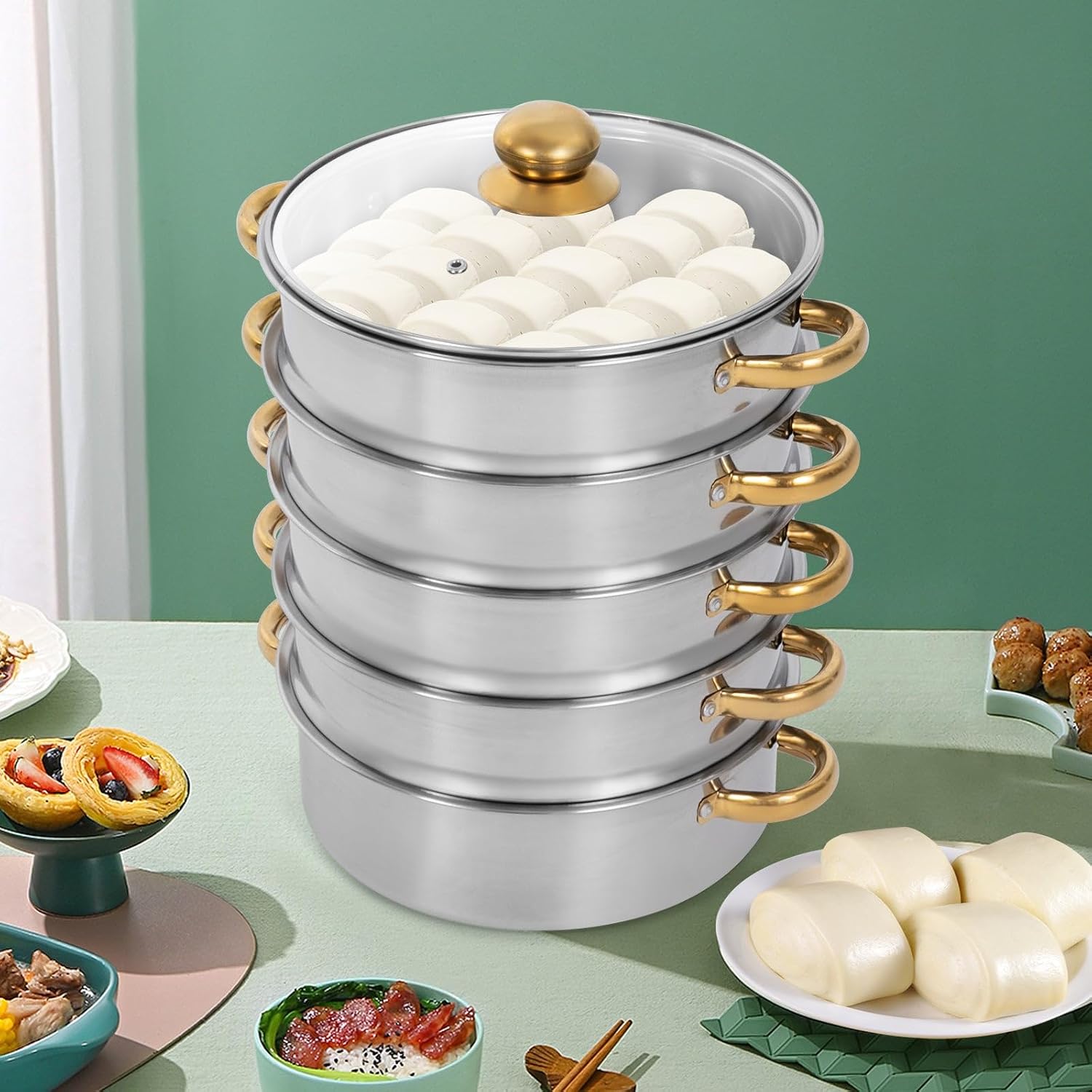 5 Tier Stainless Steel Steamer Pots, Steamer Cooking Pot with Handles & Glass Lid, Cookware Steaming Pots for Cooking Vegetable, Dumpling and Seafood Gas Electric Stove, D:10.24in