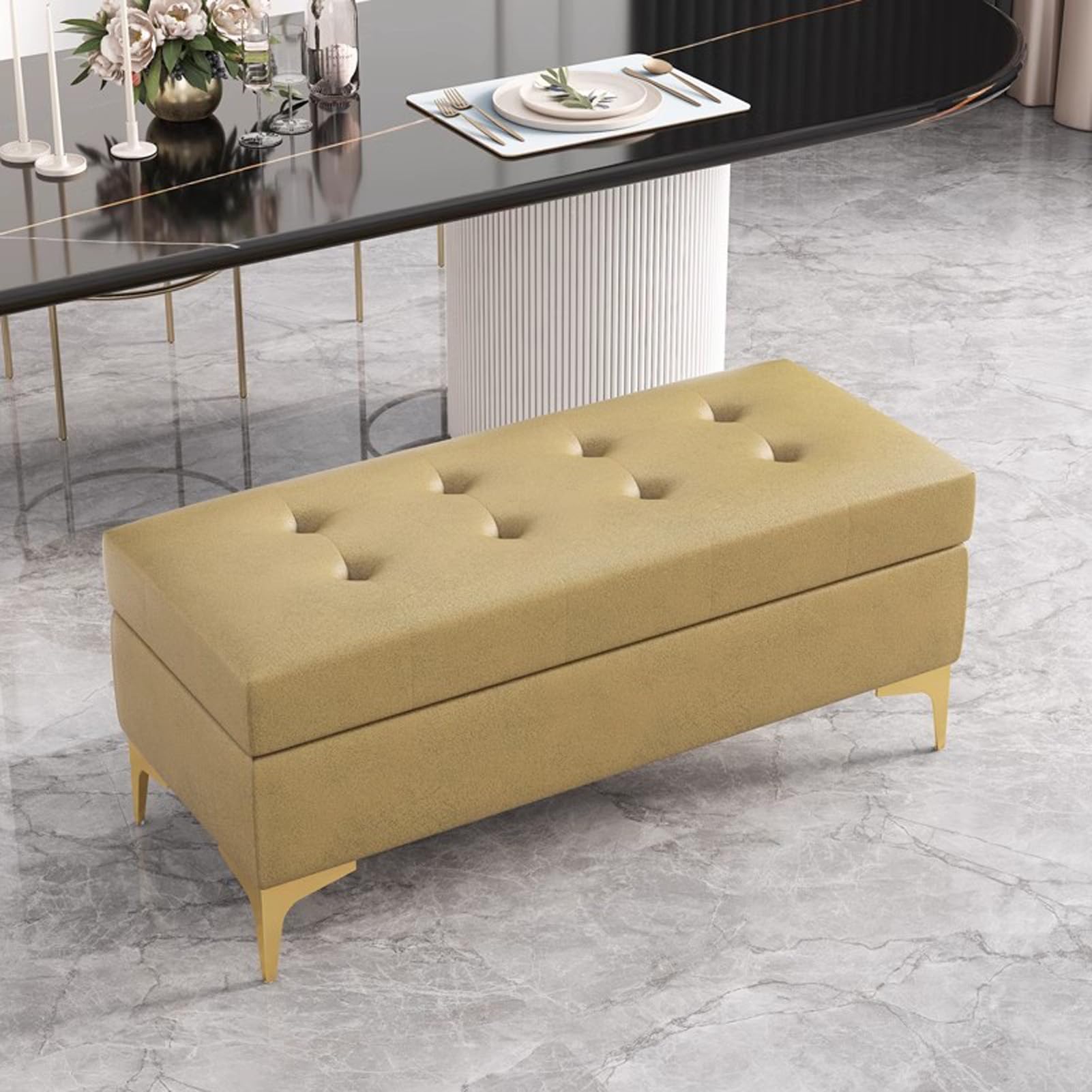 Banc d'intérieur avec repose-pieds et finitions rembourrées pour salon élégant
