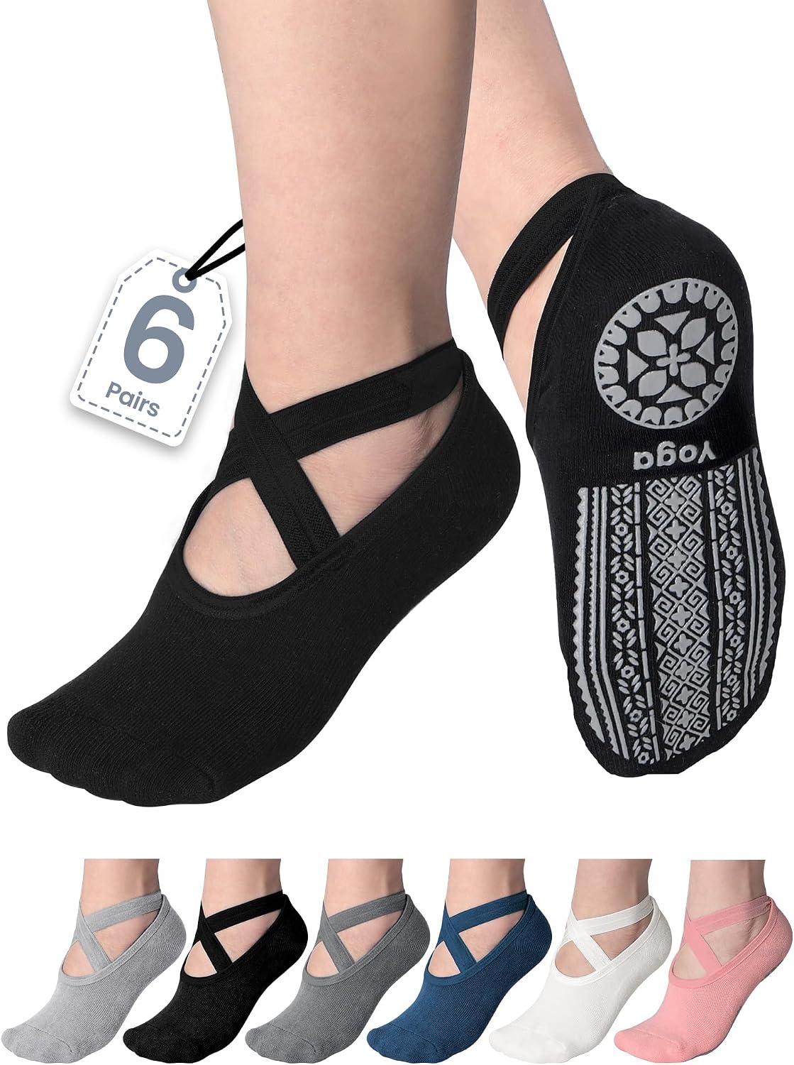 VITEVER 6-Pair Pilates Grip Socks for Women, Yoga Socks with Grips Non Slip Straps, Grippy Socks Suitable for Ballet, Dance, Barefoot, Plasticity, Home,Training, Barre, Hospital