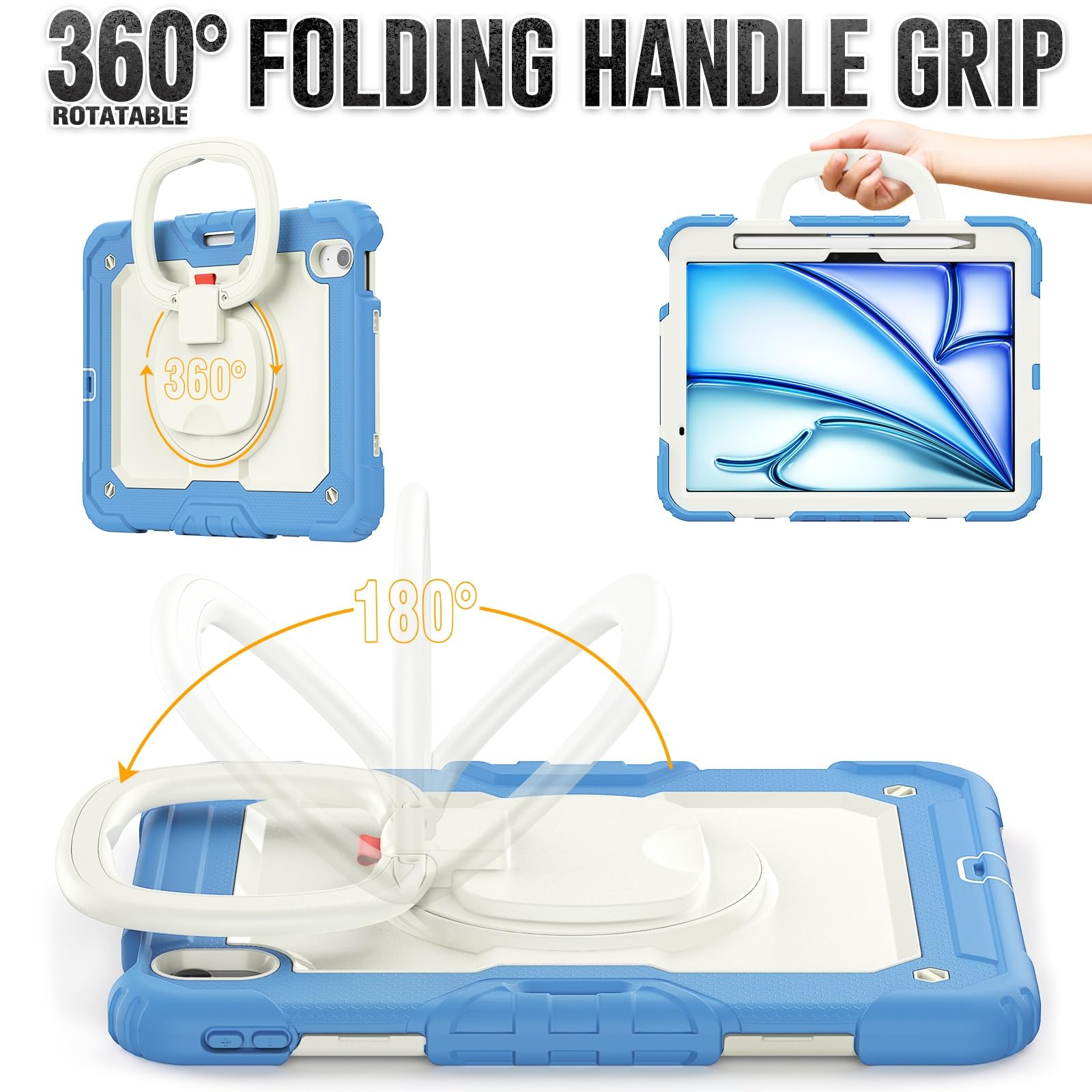 Kompatybilne z iPad Air 11 cali (M3) 2025 etui uchwytem na ołówek i ochraniaczem ekranu, pełne ochronne obrotowym silikonowym(Blue 4)
