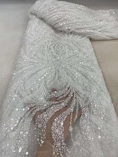 French Lace Fabric Elegant African Embroidery Sequins Beaded Tulle Lace for Evening Dresses (5 Yards,White)
