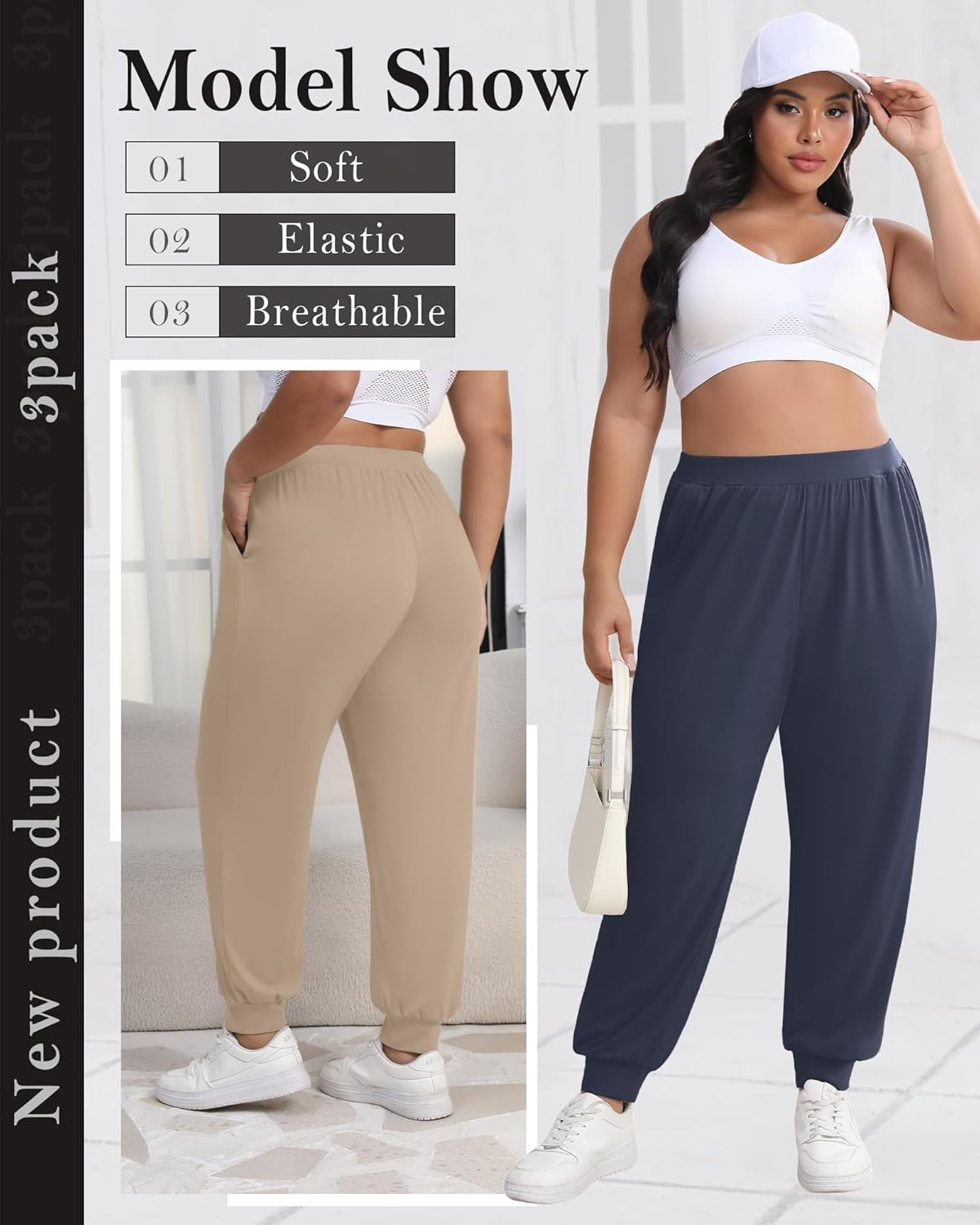 3 Pack Women's Plus Size Yoga Joggers Lounge High Waisted Pants Comfy Loose Workout Sweatpants with Pockets - Image 5