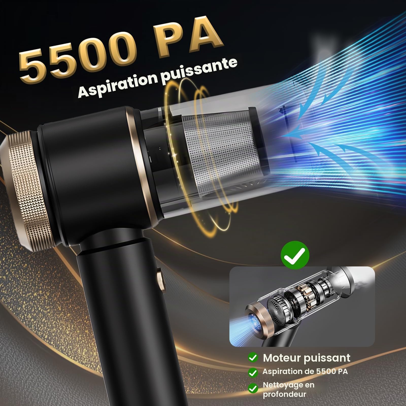 Aspirateur à Main, 5500Pa Aspirateur Voiture Puissant, 4 en 1 Aspirateur sans Fil avec buse Multifonction, idéal pour la Voiture, la Maison, Les Animaux domestiques et Le Bureau