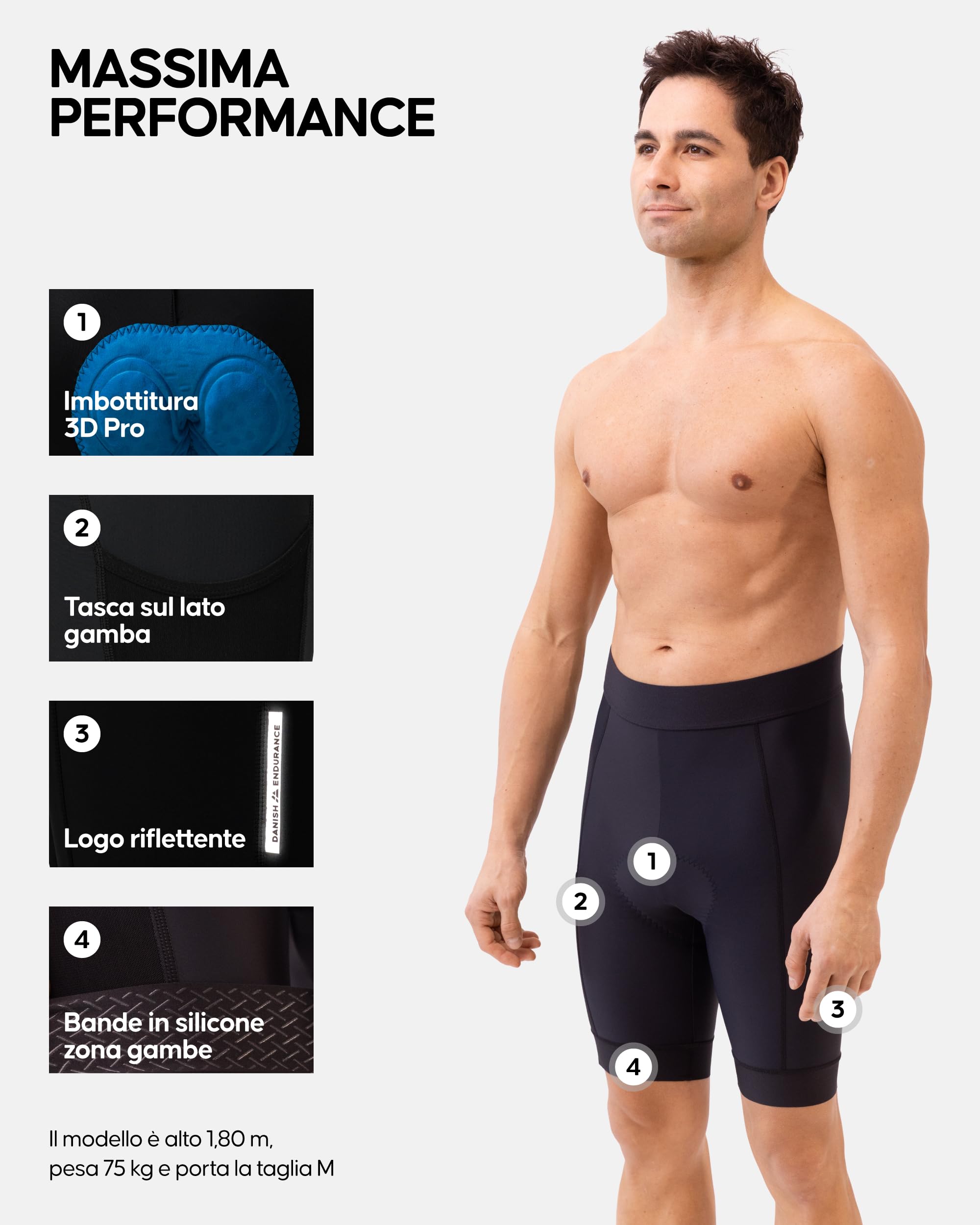 DANISH ENDURANCE Pantaloncini da Ciclismo da Uomo, per Bicicletta, Imbottiti in Gel 3D, Elastici, Traspiranti
