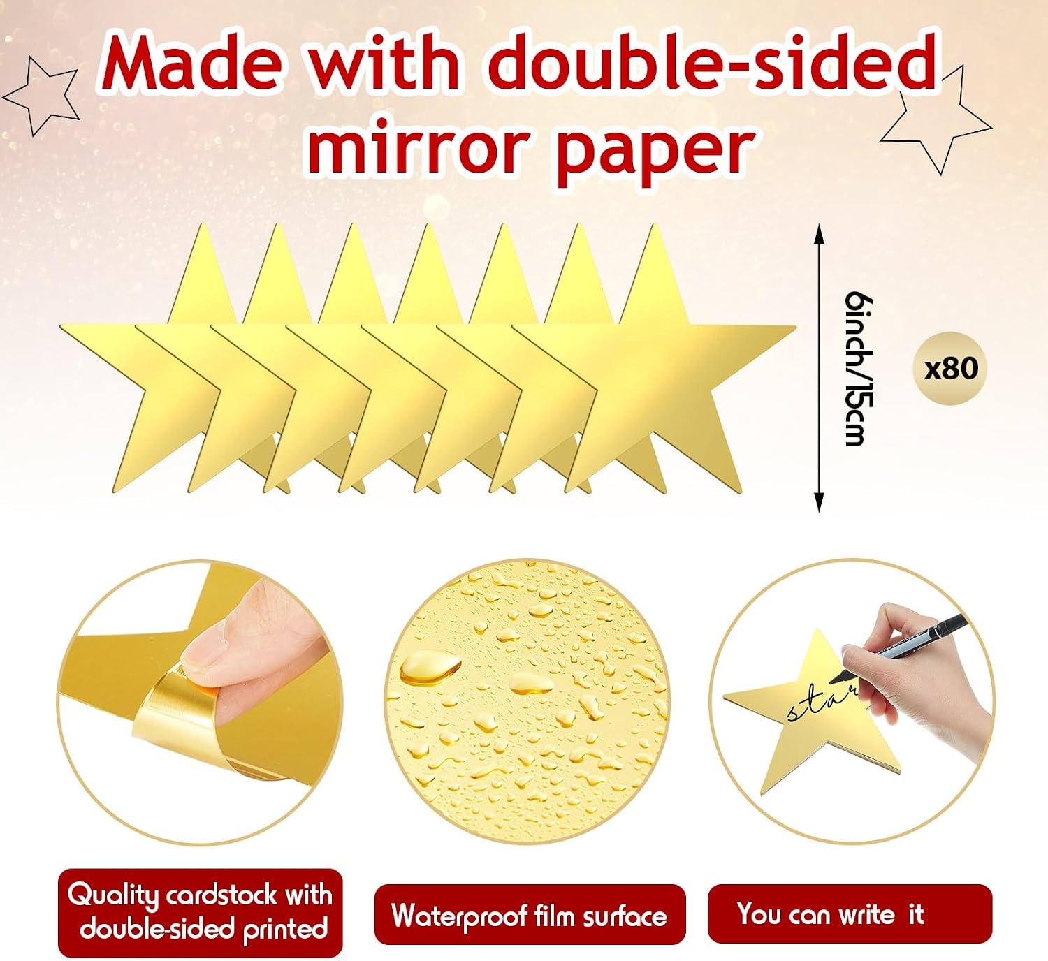 Leinuosen 80 Pieces Stars Cutouts Glitter Double Printed Paper Cardboard Stars Decorations for Bulletin Board Classroom Wall Back to School Party Supply, 6 Inches(Gold)