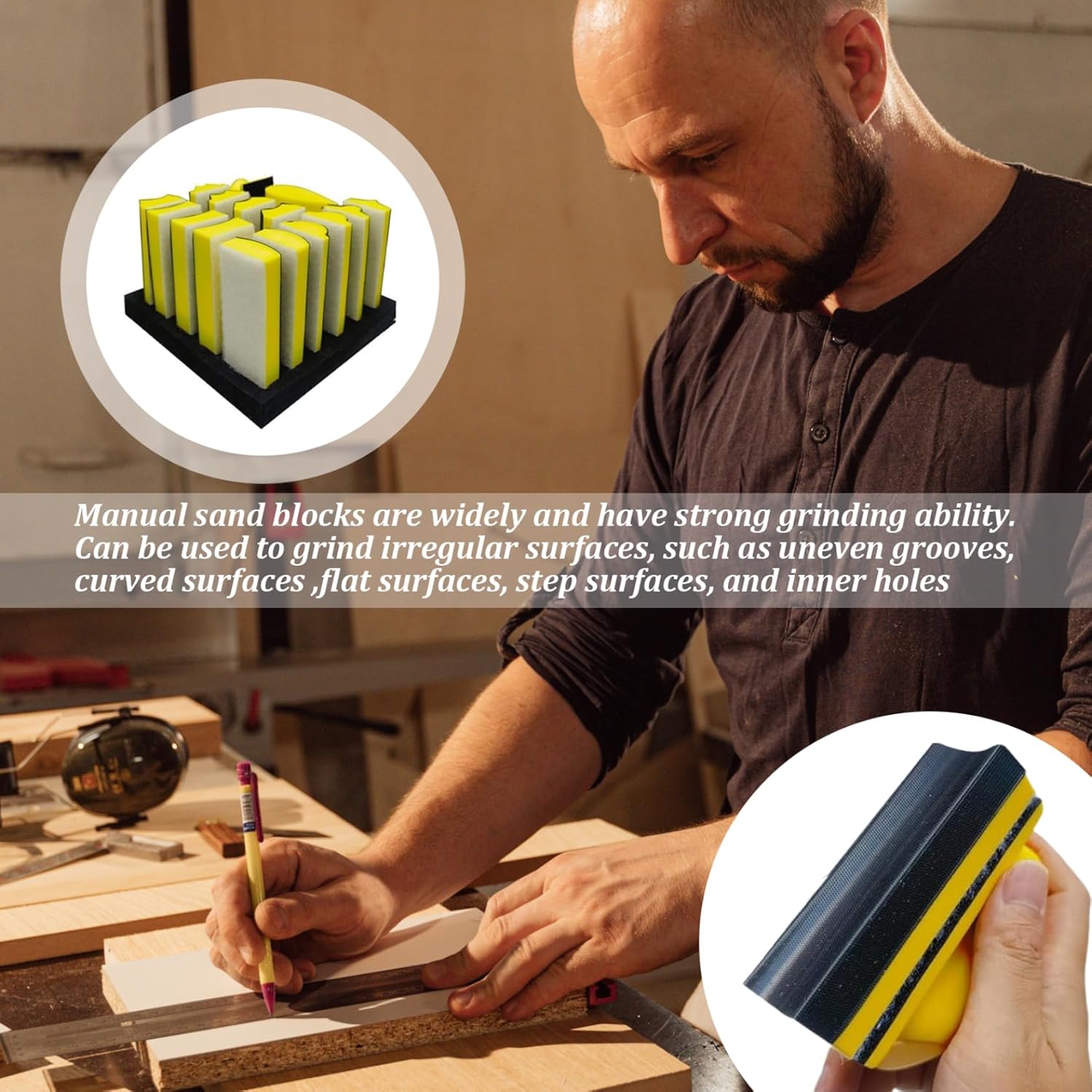 Foam Sanding Blocks, 16PCS Hand Sanding Block, Interchangeable Assorted Shapes Contour Sander with Adhesive Fastening for Wood Woodworking Blocks for Wood