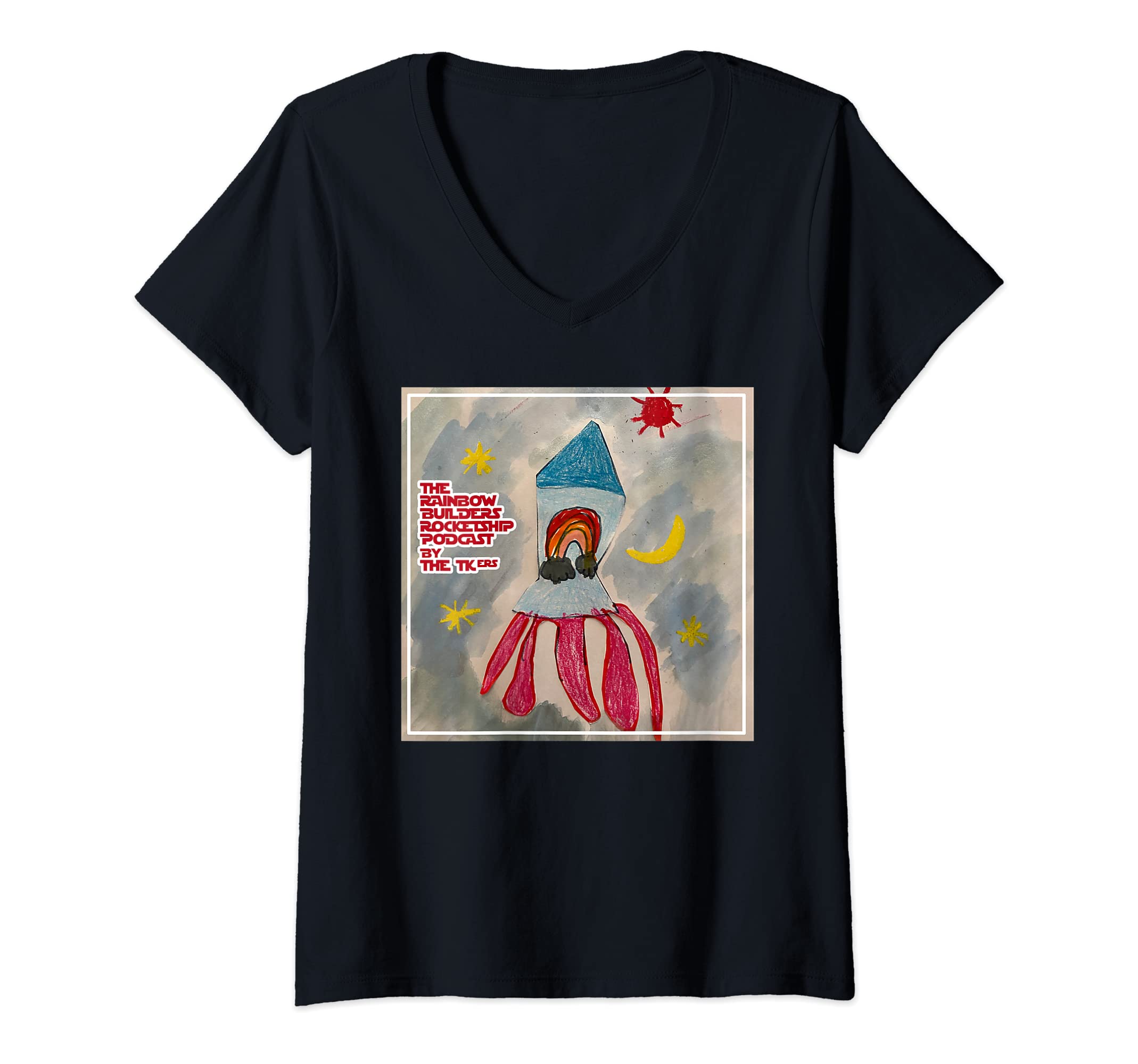 Womens The Rainbow Builders Rocketship Podcast by The TKers V-Neck T-Shirt