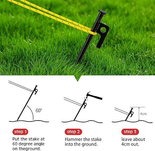 Miniatura 3 de 8 estacas de tienda de campaña de 16 pulgadas resistentes con 4 estacas reflectantes de 13 pies para lona de acero forjado para acampar al aire