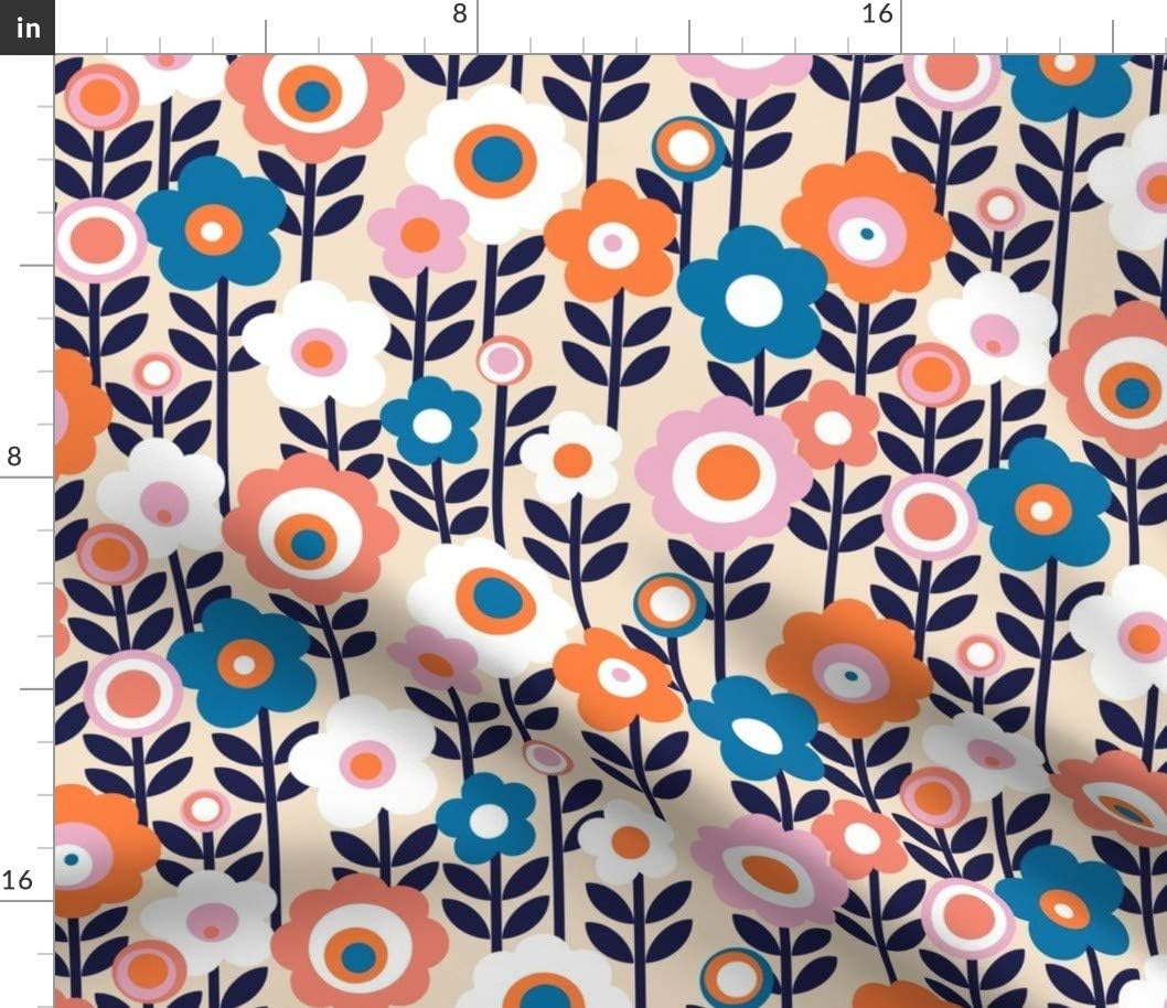 Spoonflower Fabric - Vintage Mod 70S 60S Flower Floral Leaves Stem Garden Spring Summer Printed on Petal Signature Cotton Fabric Fat Quarter - Sewing Quilting Apparel Crafts Decor