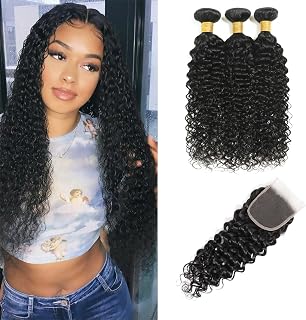 Water Wave Human Hair Bundles with Closure (14 16 18+12) Wet and Wavy 100% Unprocessed Brazilian Virgin human hair 3 Bundles with 5x5 Lace Closure Free Part Curly Wave Hair Extensions