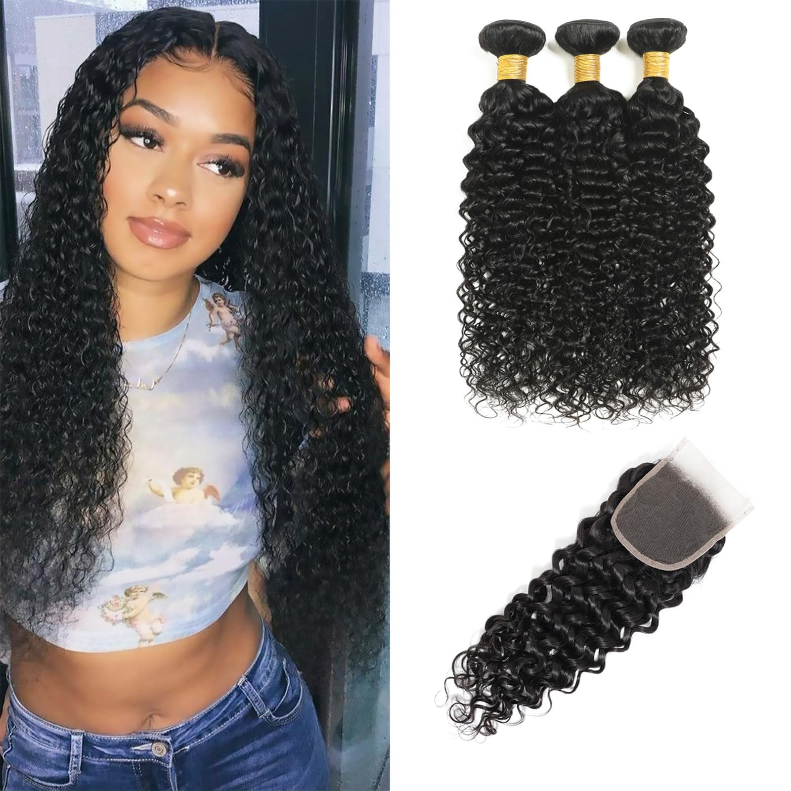 Water Wave Human Hair Bundles with Closure (14 16 18+12) Wet and Wavy 100% Unprocessed Brazilian Virgin human hair 3 Bundles with 5x5 Lace Closure