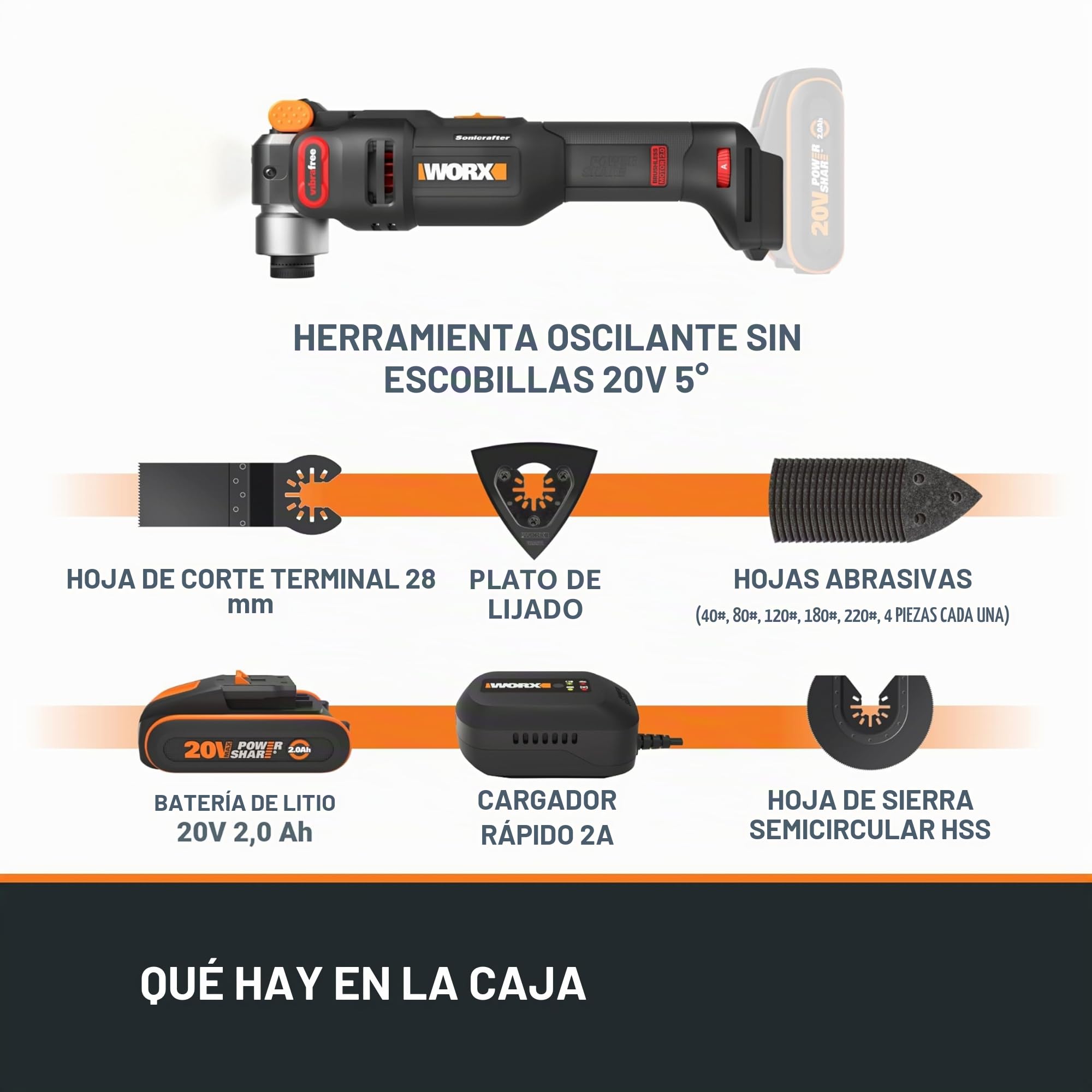 WORX - Herramienta multifunción inalámbrica sin escobillas de 20 V, WX698, multimaterial, fijación universal, viene con 2 cuchillas, 1 almohadilla de lijado, 20 papeles abrafis, 1 batería de 2 Ah y