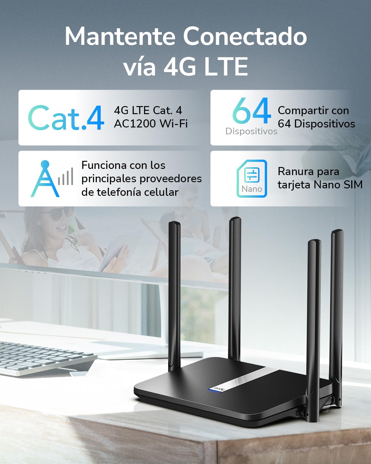 Cudy AC1200 Mbps Dual Band 4G LTE Mesh Router, 4G LTE cat4, 4 Puertos 100Mbps, 4 Antenas de Alta Ganancia 5dBi, DDNS, PPTP/L2TP Open VPN, SIM Plug and Play LT500