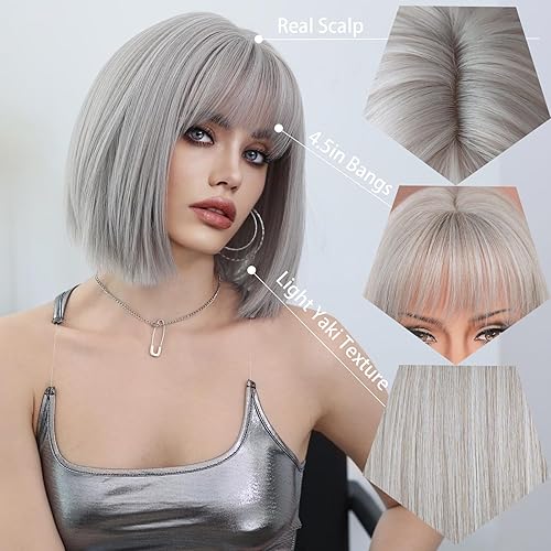 Miniatura 2 de 7JHH WIGS Peluca corta y lacia con flequillo de 12 pulgadas, peluca corta de cabello natural rubio natural, resistente al calor, densidad del 150 %,