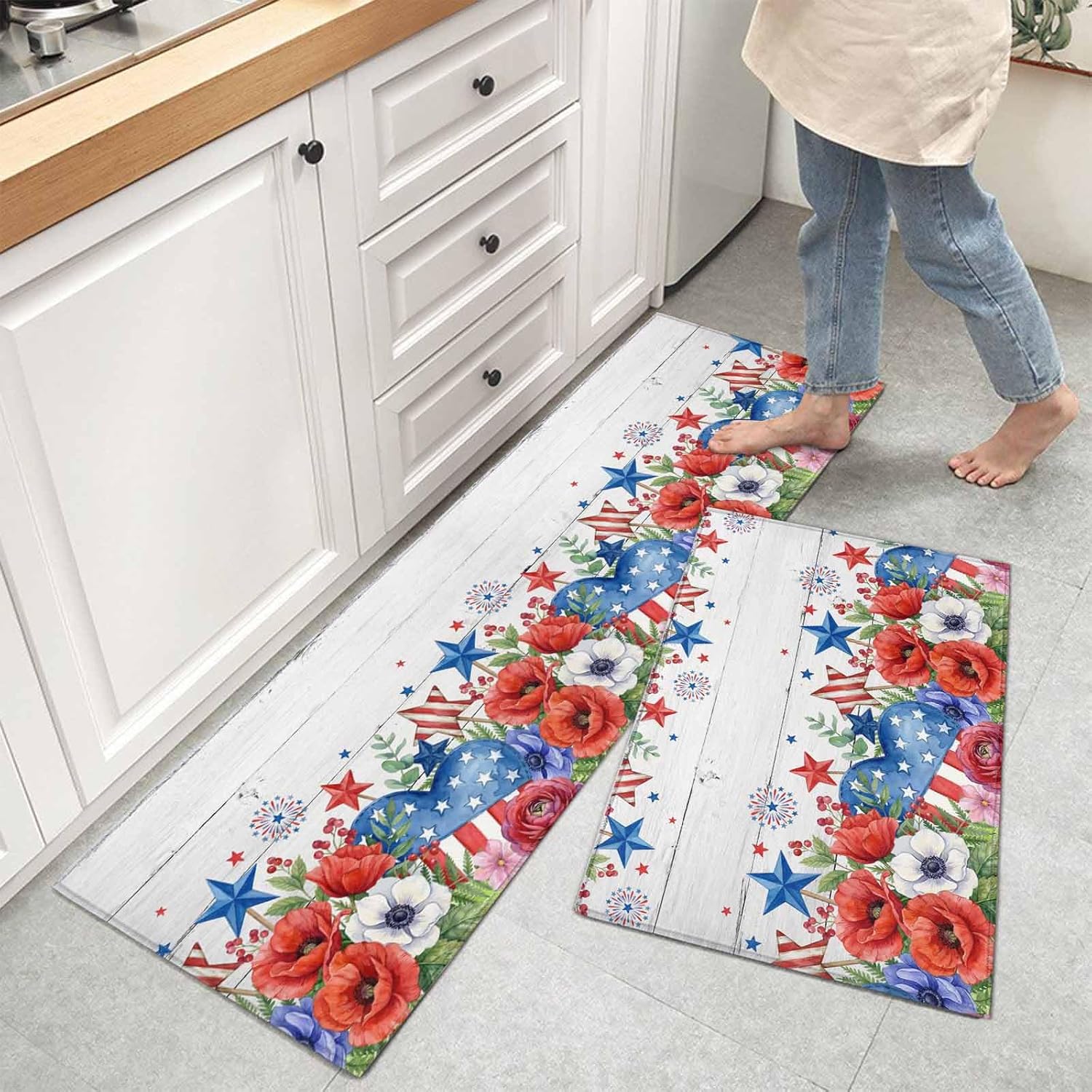 Kitchen Mats for Floor Independence Day Red Flower USA Flag Star Washable Non Slip Kitchen Rugs 2PCS, Wood Grain Absorbent Standing Mats for Sink Bathroom Office Living Room 15.7x23.6in+15.7x47.2in