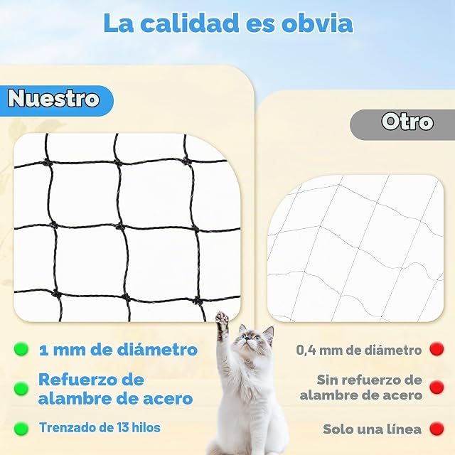 Foto 2 de 7 de Red para Gatos Terraza 4×3 m,6×3m Reforzada con Cable de Acero, Sin Perforación, Antimordeduras