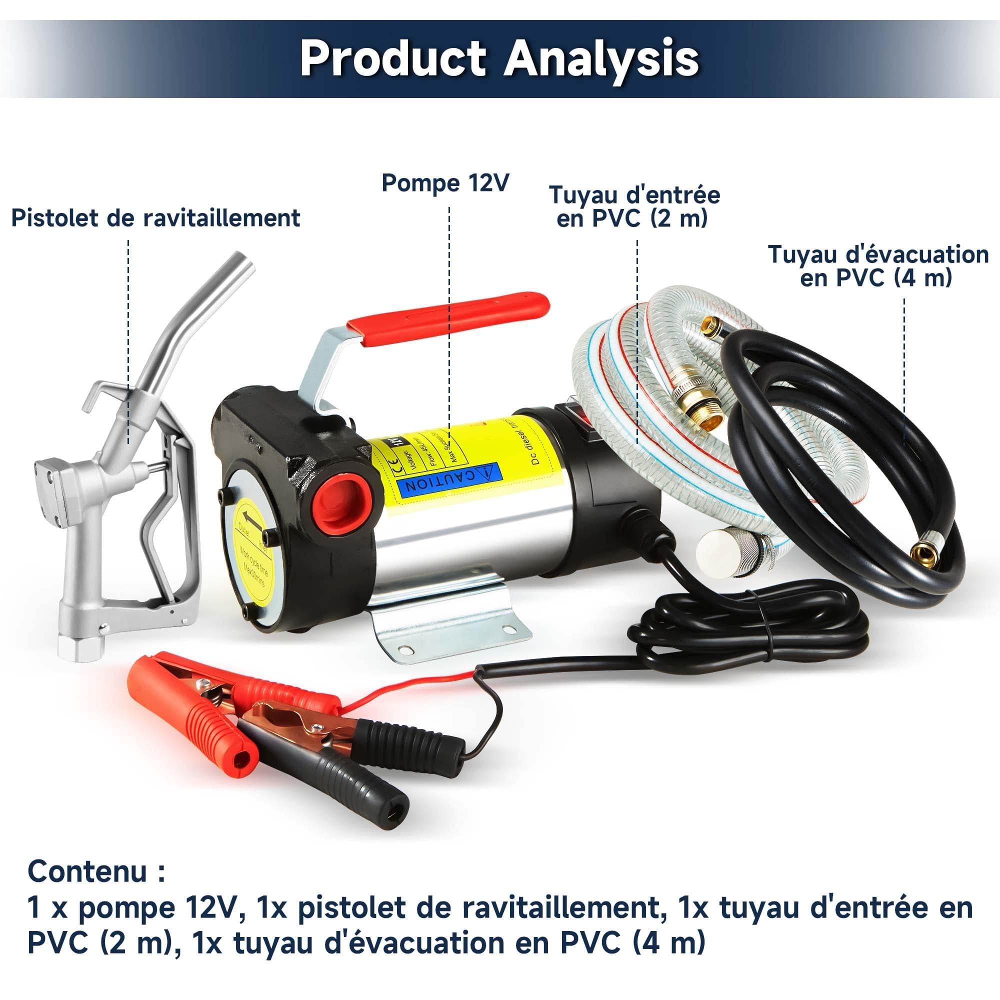 Pompa Travaso Gasolio 12V 180W: Portata 50 L/min, Pompa Elettrica Portatile con ugelli di spegnimento automatico, Filtro e Tubi per Diesel, Biodiesel, Cherosene e Olio Combustibile