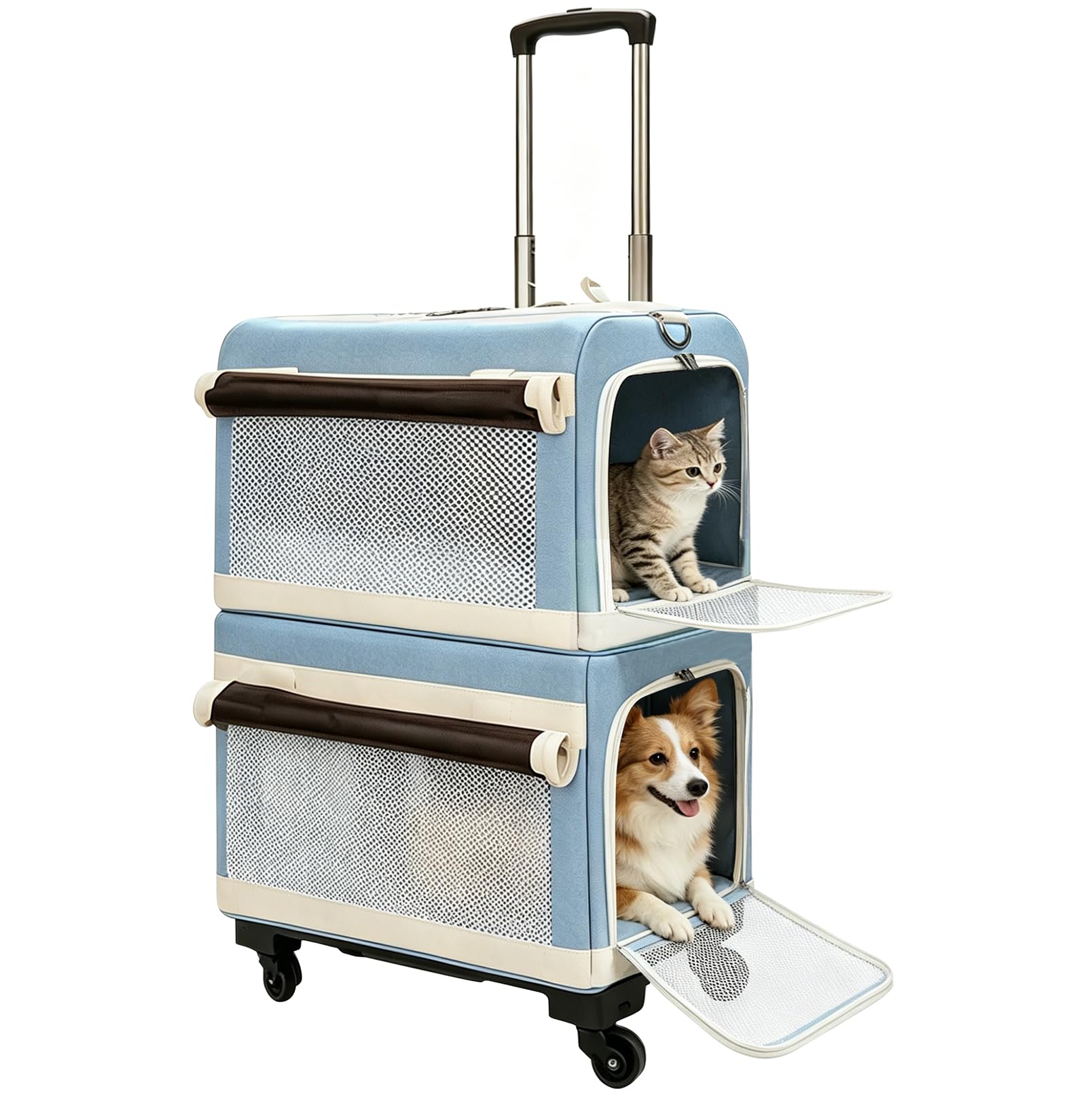 Transportín para 2 Gatos | Caja de Doble Pared con asa de Transporte y Ruedas, Mochila Desmontable para Gatos, Ideal para Viajes, Senderismo y Acampada