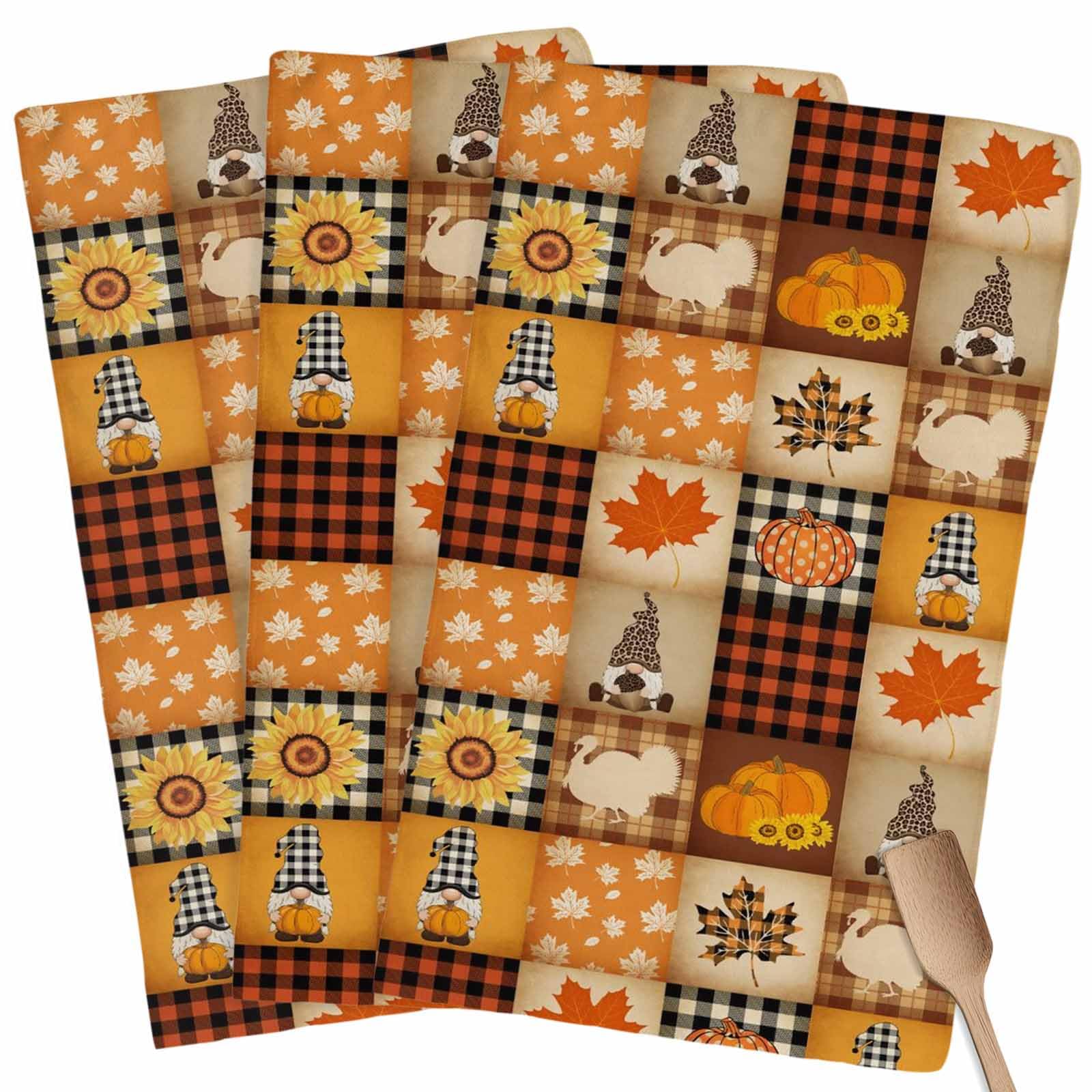Fall Kitchen Towels Gnome Turkey Pumpkin Thanksgiving Hand Towels Buffalo Check Plaid Dish Towel Cleaning Cloth Soft Absorbent Quick Drying 3 Pack Dish Cloths for Kitchen, Bathroom Autumn Decoration