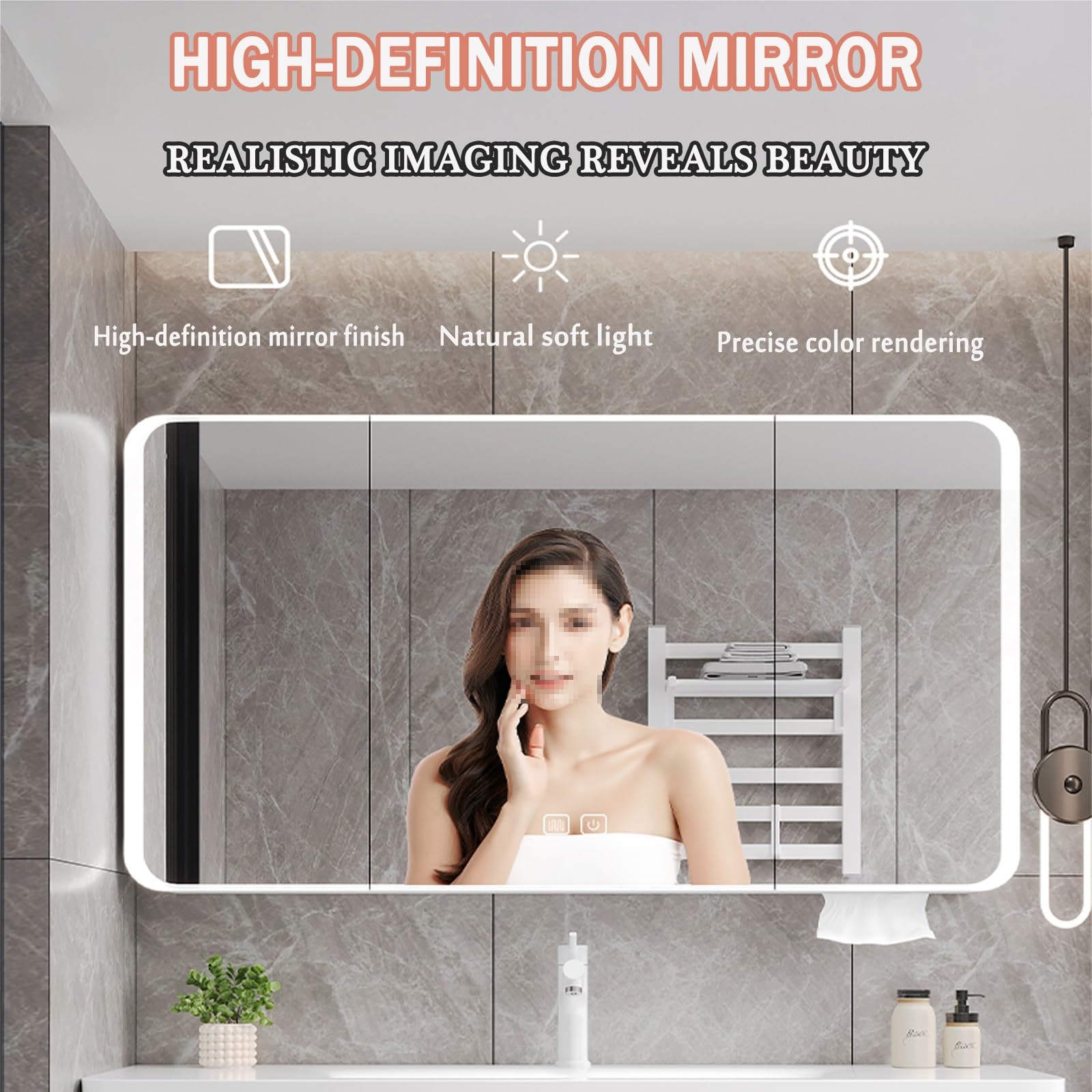 Specchio Bagno Contenitore Con Luce ，Mobile Bagno Con Specchio，Ampia Capacità Di Archiviazione, Tocco Intelligente, Design Antiappannamento, Adatto A Molteplici Scenari(Gray,70cm/27.5in)