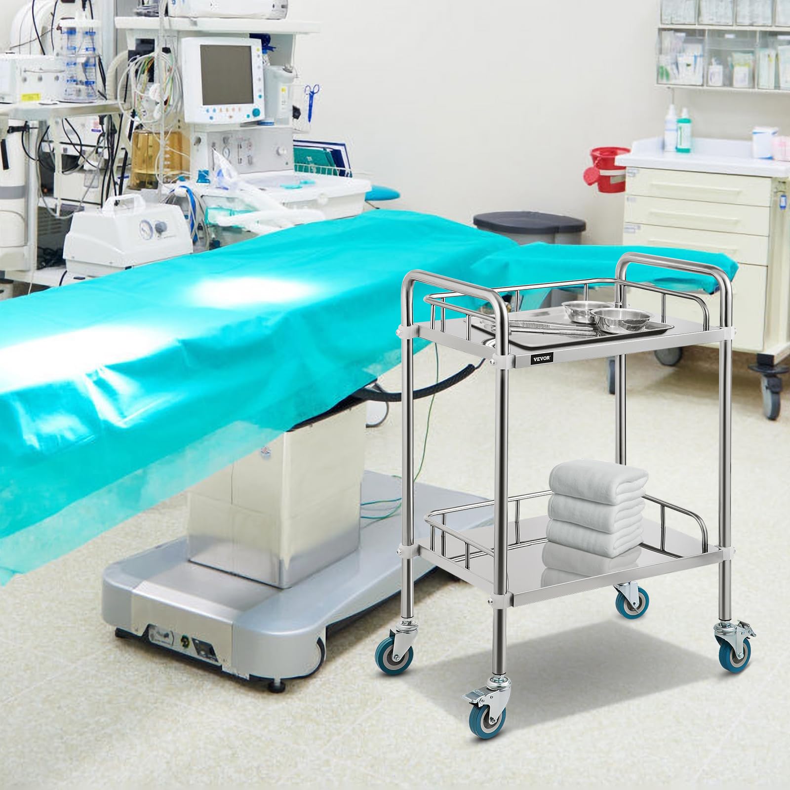 VEVOR Carrito Médico de Laboratorio, Carrito Acero Inoxidable de 2 Capas para Hospitales, Carrito de Metal con 4 Ruedas Omnidireccional para Clínicas Cafeterías Hoteles