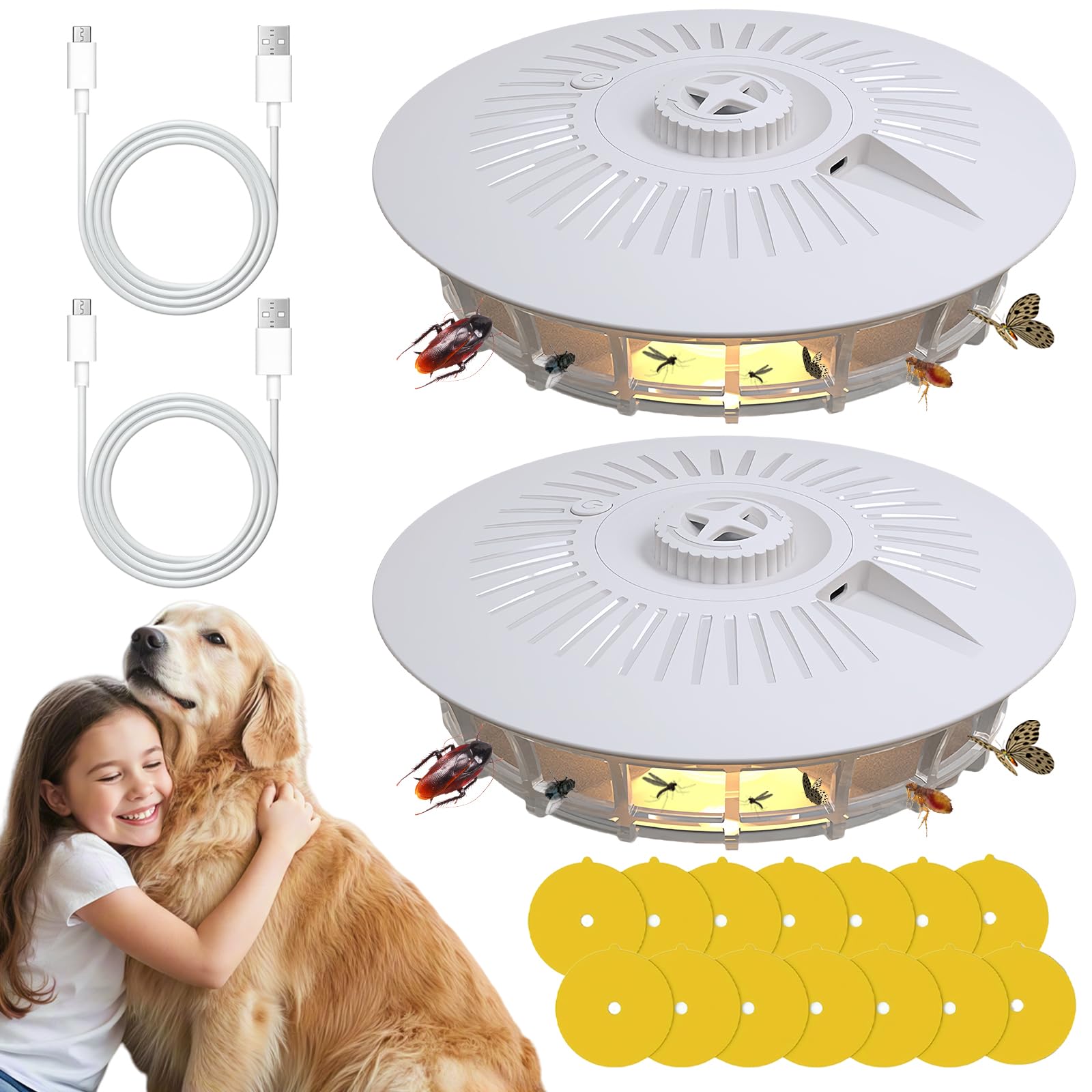 2PCS Piège à Puces, Piège à Lumière Anti-Puces à LED 4 Modes avec 14 Autocollants de Capture, UV Lampe Tue Mouche Electrique, Lampe Piège À Puces de Glu pour Chambre, Cuisine, Salon (Blanc)