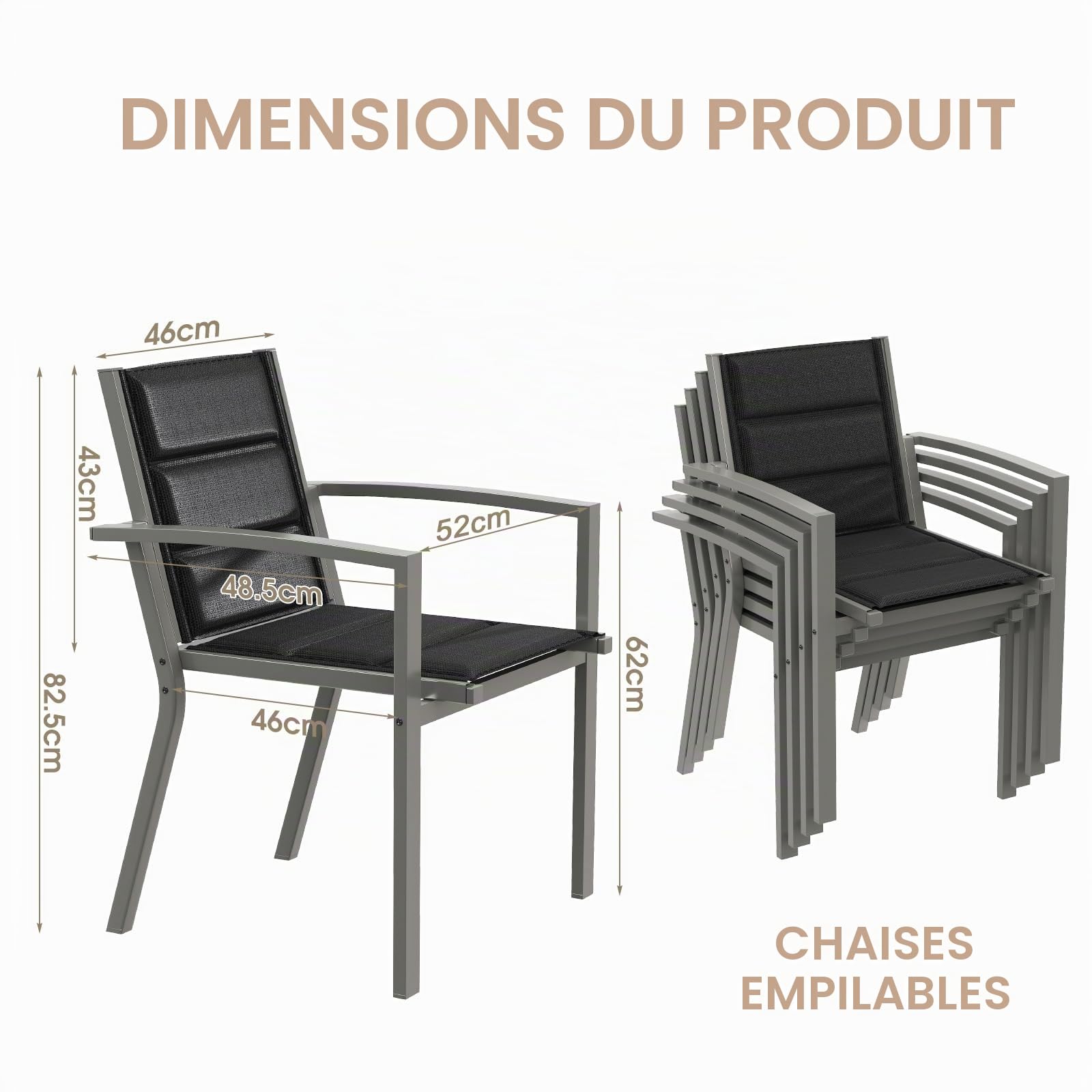 Devoko Chaises De Jardin Set De 6, Chaise De Salle À Manger Empilable en Aluminium, Fauteuil Jardin, Piscine, Terrasse, Salle À Manger, Meubles d'extérieu, Gris Clair