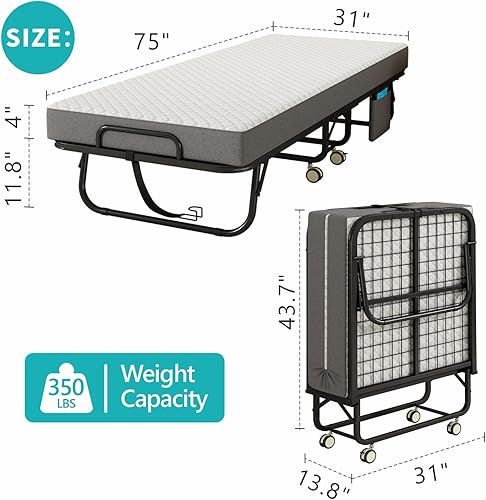 Miniatura 2 de Cama plegable con colchón para adultos, cama plegable tamaño cuna portátil de 75 x 31 pulgadas, cama plegable con marco de metal con colchón de
