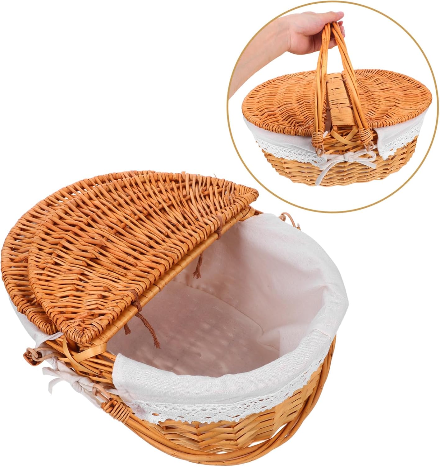 BESPORTBLE Handwoven Willow Picnic Basket with Double Folding Handles and Removable Washable Liner for Outdoor Picnics Camping Anniversaries and Birthdays