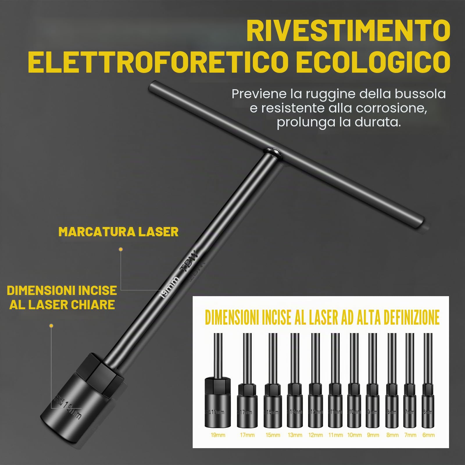 Set di Chiavi a Bussola con Impugnatura a T, 11 Pezzi Metrici (6mm, 7mm, 8mm, 9mm, 10mm, 11mm, 12mm, 13mm, 15mm, 17mm, 19mm), Esagono 6 Punti, CR-V, Marcatura Laser, per Riparazione Moto e Auto