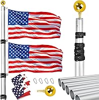 20FT Heavy Duty Aluminum Telescopic Flagpole Kit with Rotating Lock, 2 USA Flags & Gold Ball Top - Tangle-Free for Yard, RV, Home