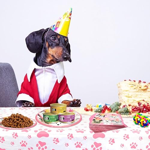 Miniatura 5 de Decoraciones de fiesta de perro, suministros de vajilla de fiesta de cumpleaños con diseño de pata de cachorro rosa, incluye platos llanos de 9