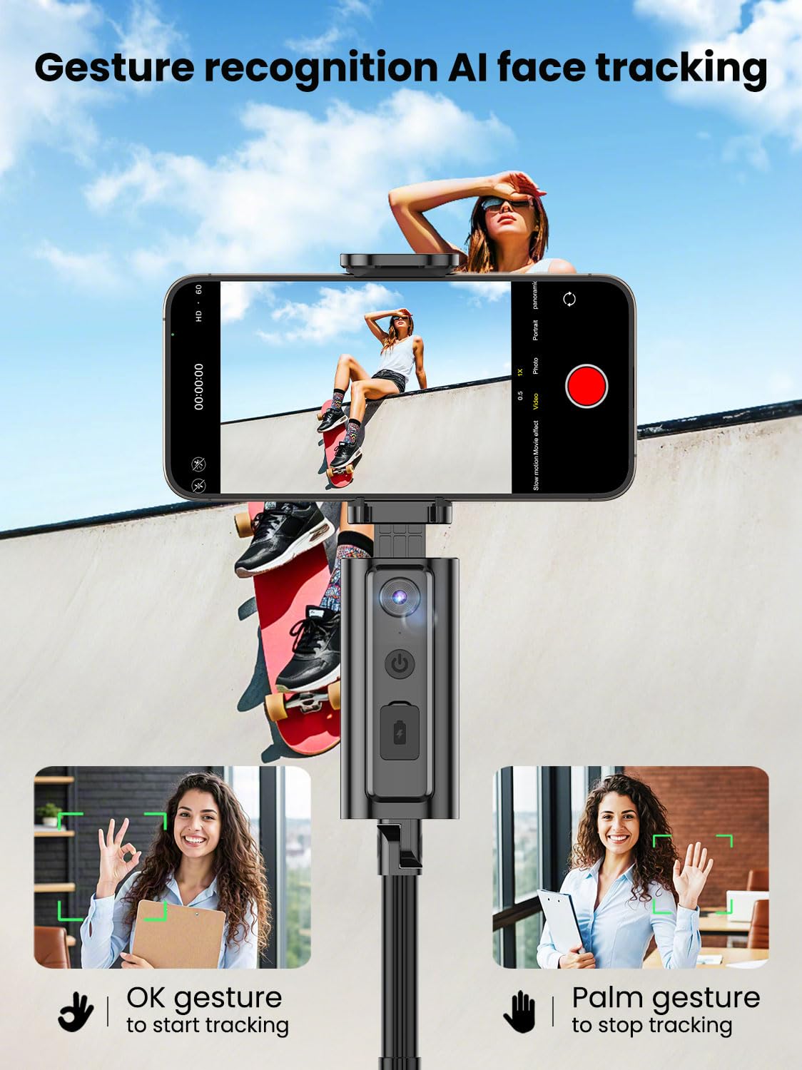 AOCHUAN Treppiede per rilevamento automatico del viso, con controllo gestuale per iPhone, asta estensibile, bastone per selfie rotante a 360°, telecomando wireless, registrazione video per treppiede