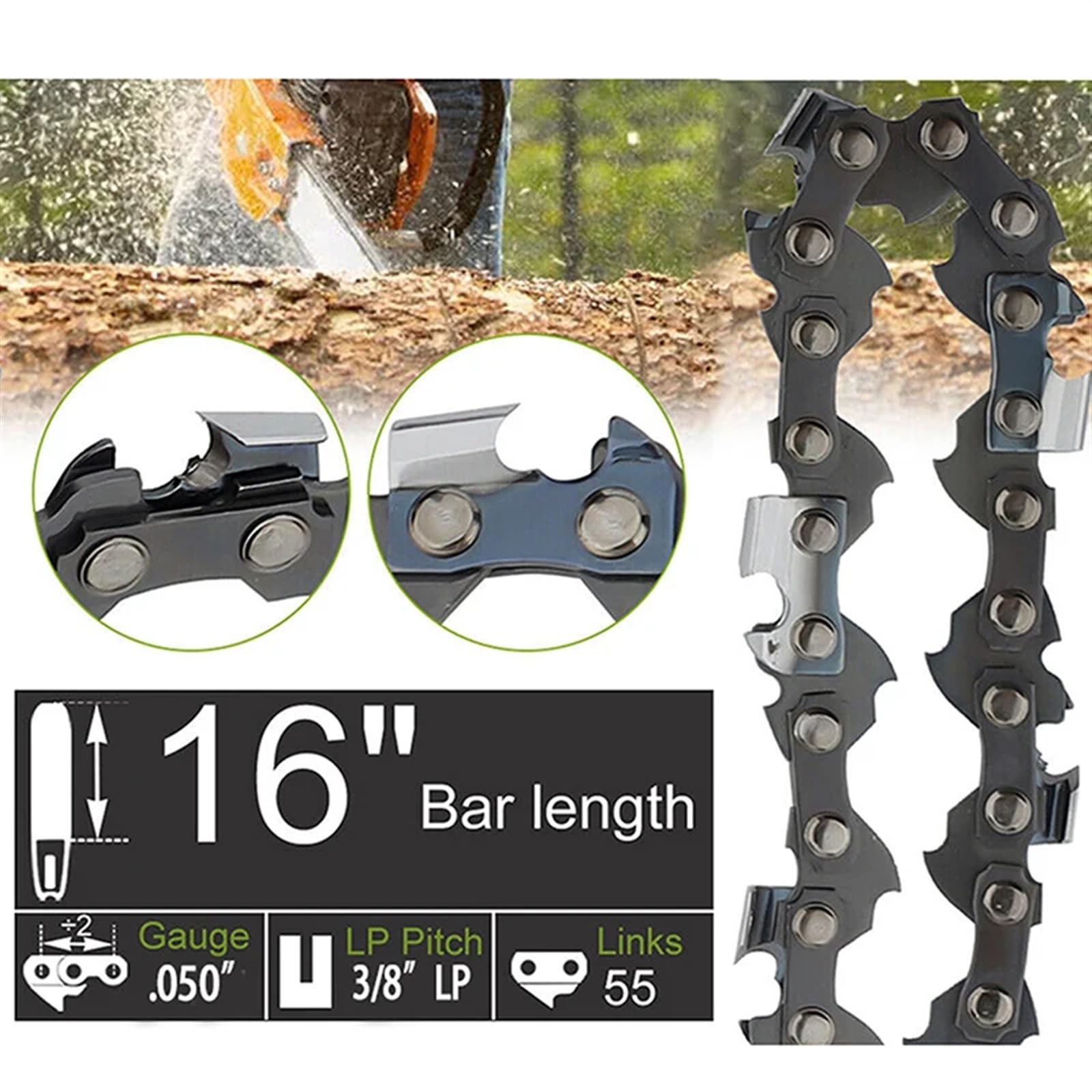 Cadena Motosierra Motosierra de cadena de 16 "pulgadas, calibre de 3/8" LP .050 ", 55 eslabones de transmisión, semicincel, repuestos de motosierra eléctrica a gasolina, poda de registro(6x Chain)