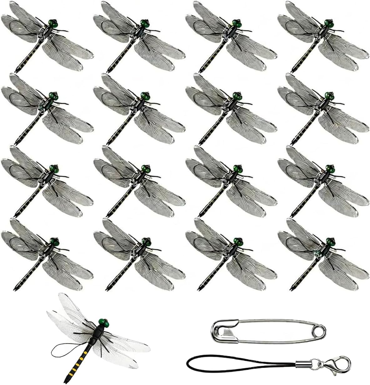 16pcs Dragonfly Clips for Bugs Repellent, 3D Artificial Dragon Fly, Lifelike Outdoor Hanging Ornament Garden Decor, Durable Fake to Keep Away Yard Ornaments Hat Golf Moving(Black)
