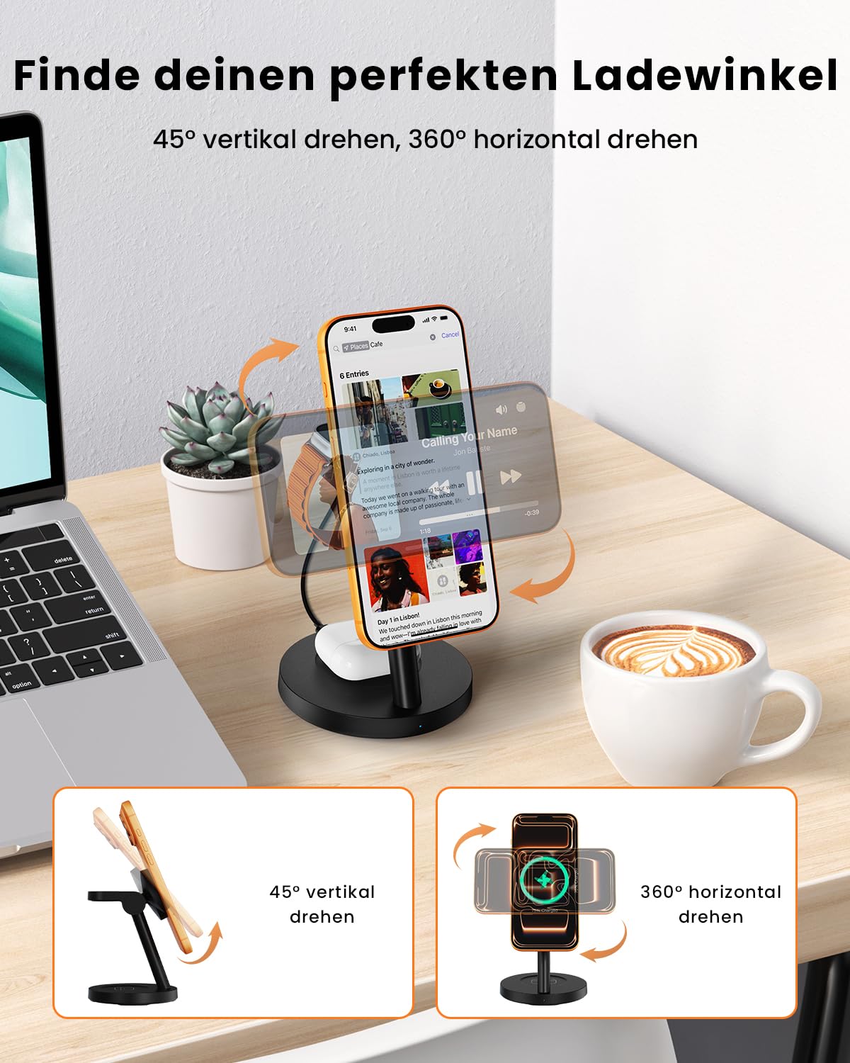JoyGeek Stazione di ricarica 4 in 1 QI2.2 25 W compatibile con iPhone 17 16, caricatore magnetico per MagSafe, supporto da scrivania per Apple e Samsung Watch, con spina da 45 W