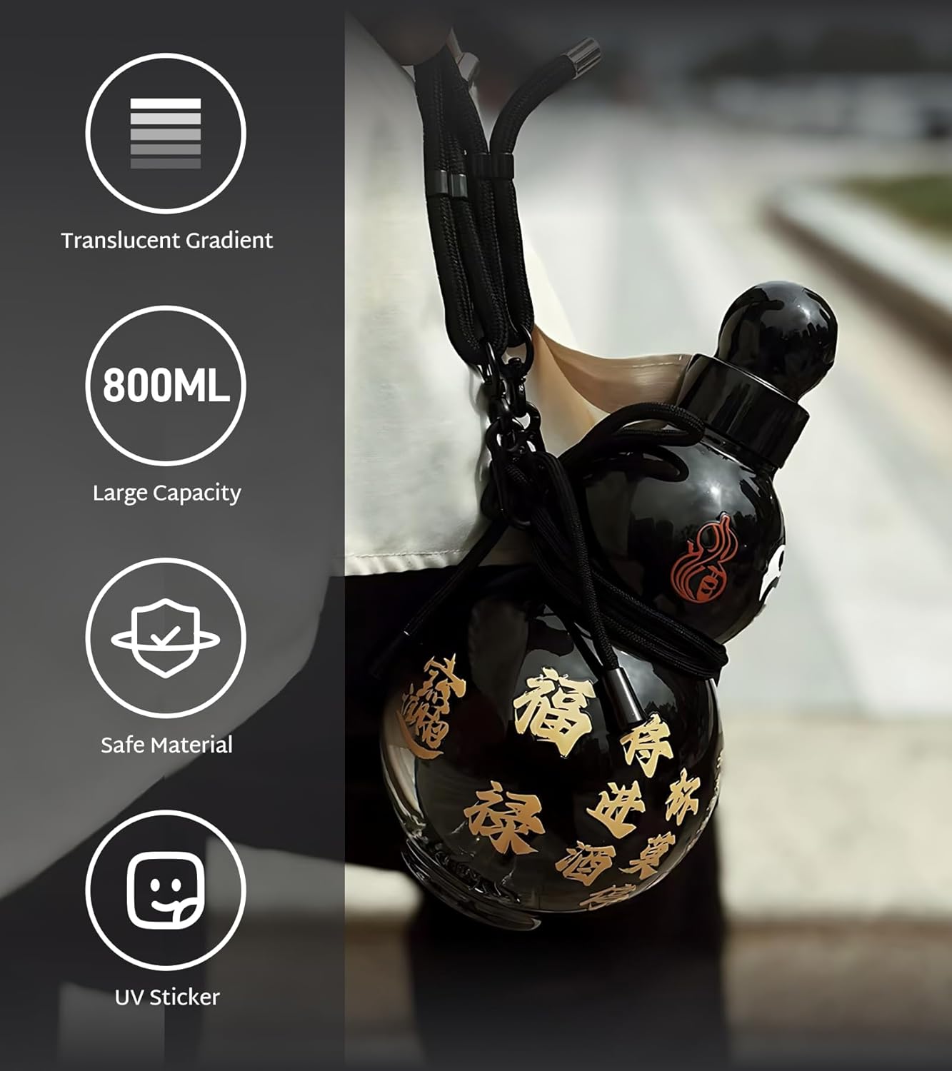 Monkey King Gourd Water Bottle,28 oz Reusable Leakproof Sports Plastic Water Bottle,for Travel Gym,Cosplay Props Decoration,with Straps,Stickers (black)