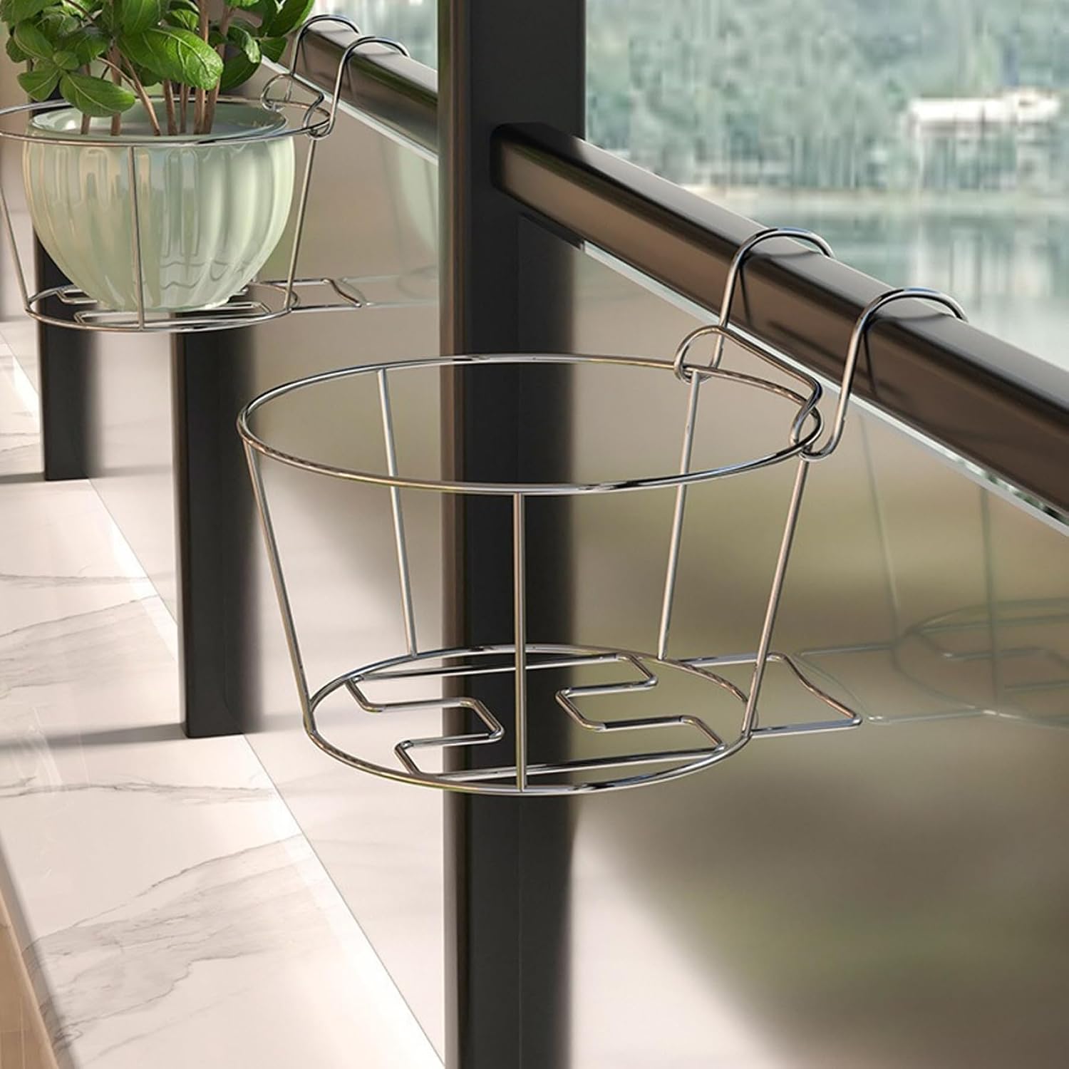 4PCS Traps for Railing 9.5 Inch Stainless Steel Railing Planter Hanging Balcony Planter with Hooks for Garden Orchid, Patio Ledge