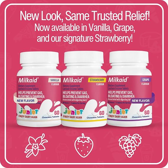 Milkaid Junior Lactase Enzyme Chewable Tablets for Lactose Intolerance | Prevents Gas, Bloating, Diarrhea in Children| Fast Acting Dairy Digestive Supplement for Kids| 60 ct (60 Tablets, Grape)