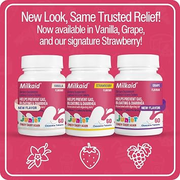 Milkaid Junior Lactase Enzyme Chewable Tablets for Lactose Intolerance | Prevents Gas, Bloating, Diarrhea in Children| Fast Acting Dairy Digestive Supplement for Kids| 60 ct (60 Tablets, Grape)