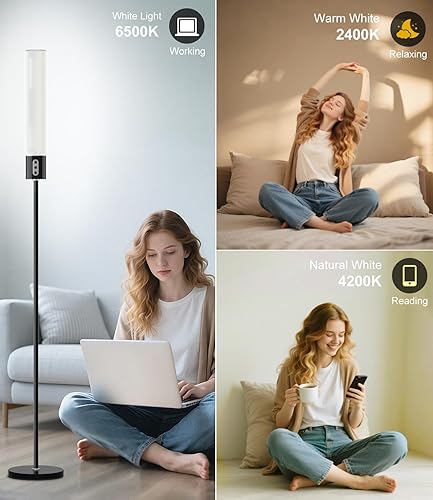 Miniatura 2 de luckystyle RGBICW - Lámpara de pie cilíndrica de 1500 lúmenes, lámpara de pie inteligente con 16 millones de colores, brillo ajustable, modernas