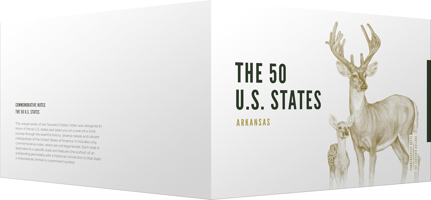 IMPACTO COLECCIONABLES | Arkansas Souvenir Dollar Note – Novelty Collectible Banknote with UV Details (Not Legal Tender), Part of The 50 U.S. States Commemorative Collection