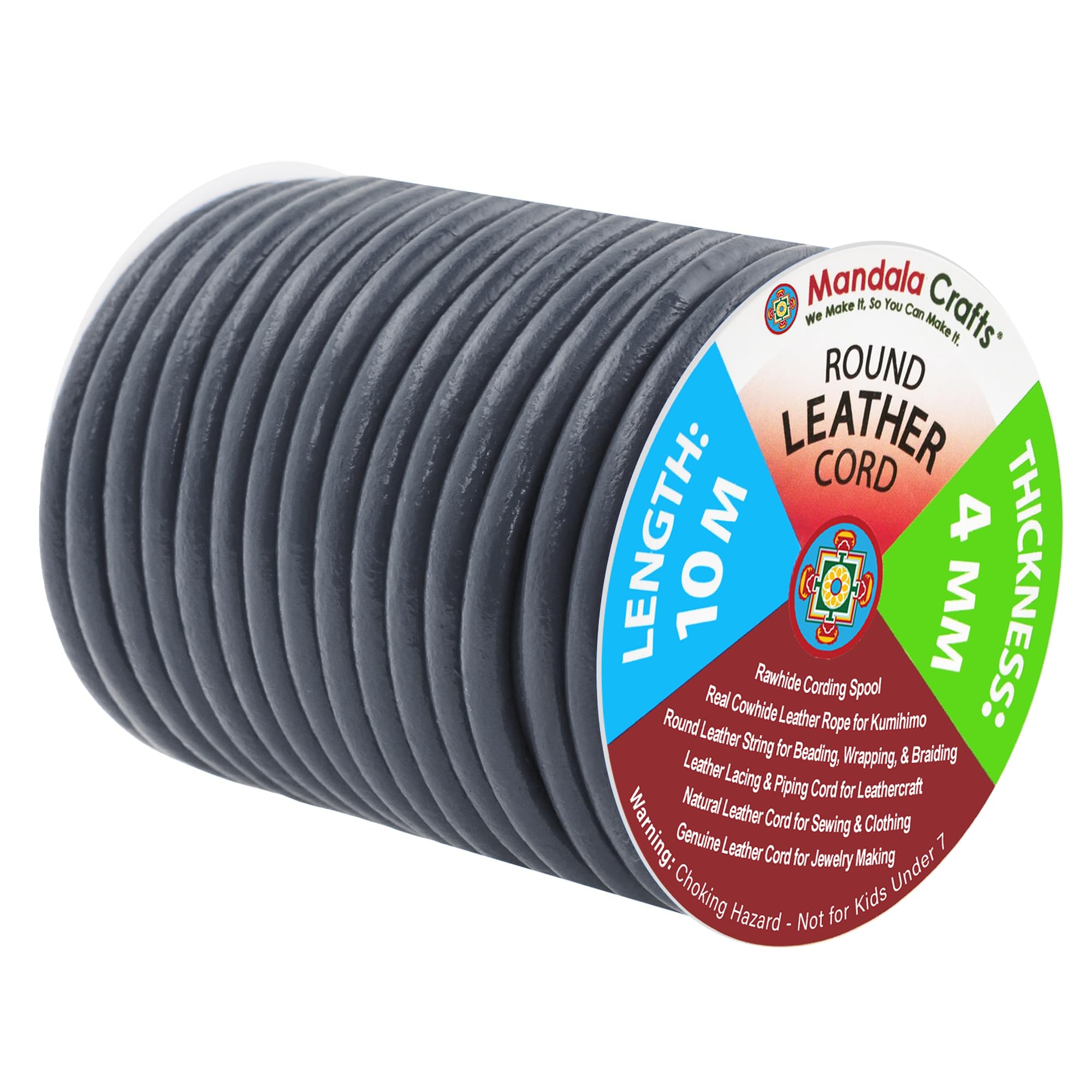 Mandala Crafts Round Cowhide Genuine Leather String Cord, Natural Rawhide Rope for Jewelry Making, Kumihimo Braiding, Shoelaces (4mm, Gray) — image 1