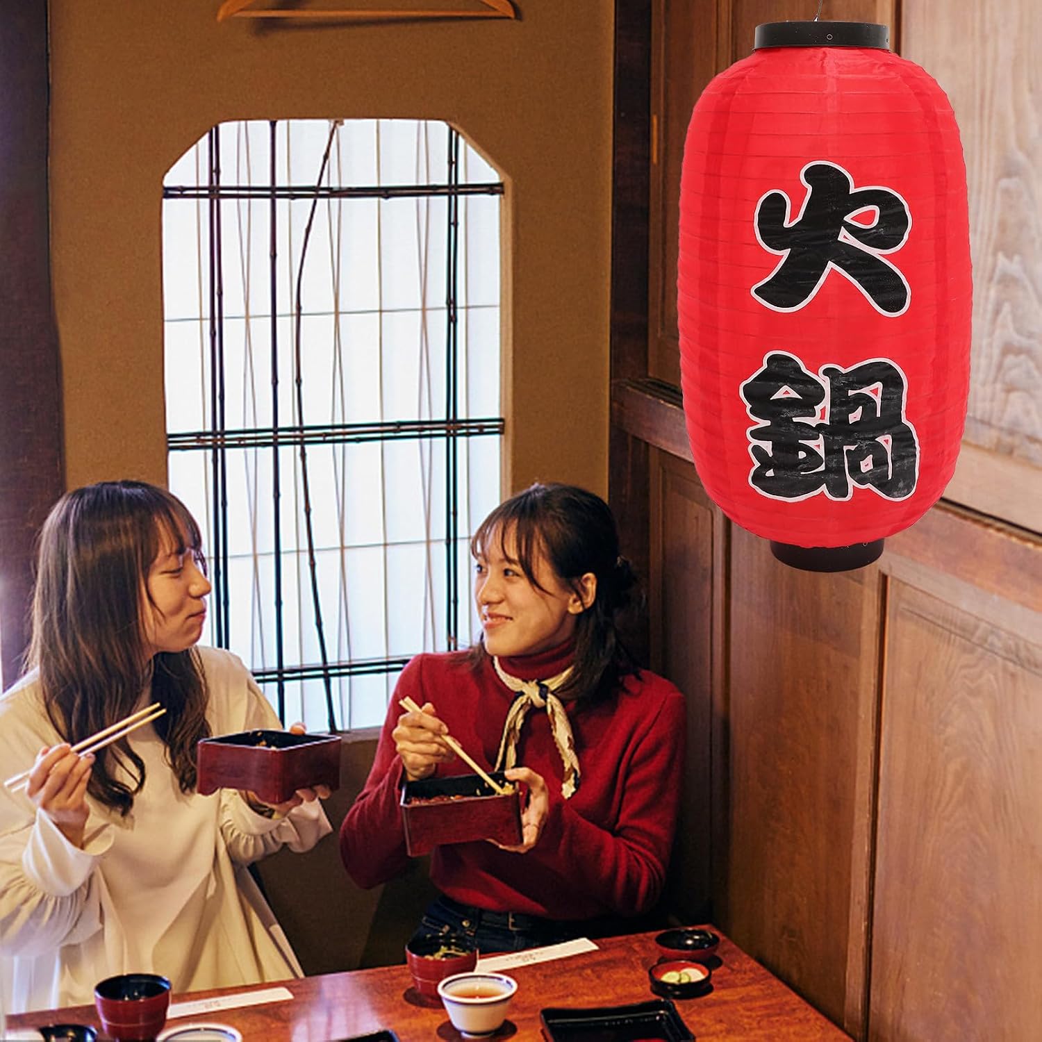 VOSAREA 4pcs Japanese Style Hanging Lanterns for Restaurant Door and Window Decoration, Waterproof Silk Cloth and Steel Wire, Red Color, Creative Character Patterns, for Festival and Yard