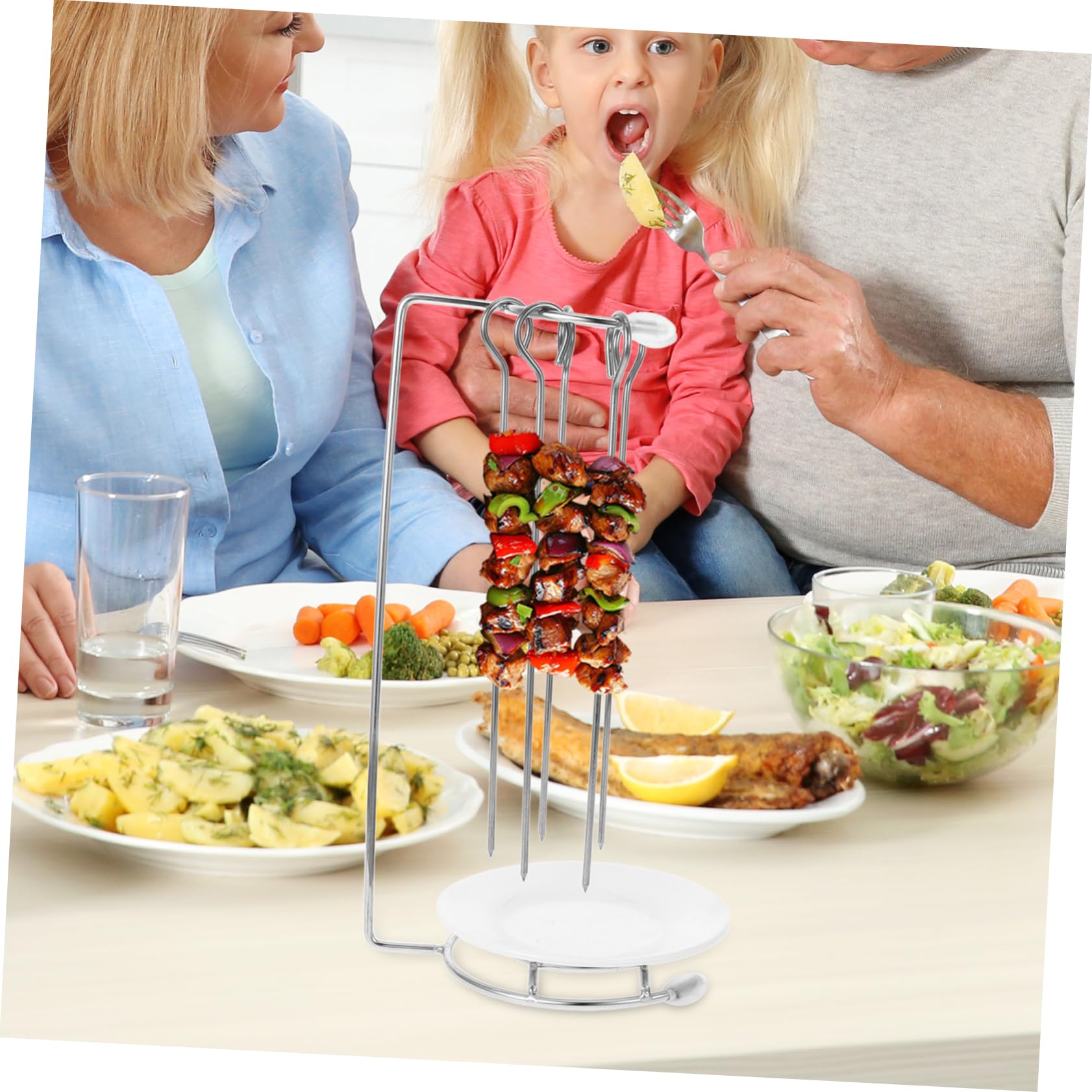 POPETPOP Supporto per Spiedini in Acciaio Inossidabile Resistente per Barbecue All'aperto, Grucce Porta Spiedini con 5 Aghi, per Grigliate, Picnic e Campeggio, Facile da Pulire