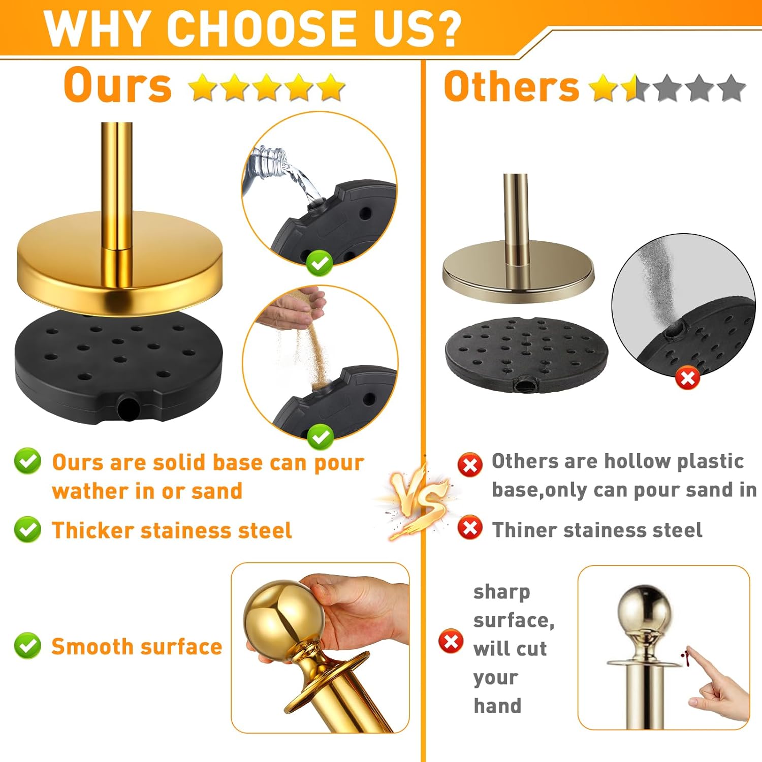 8 Pack Upgraded Stainless Steel Stanchions and Velvet Ropes 5FT Extended Red Carpet Ropes Poles Crowd Control Safety Barriers Set with Stable Base for Theaters Parties Wedding Exhibition (Gold)