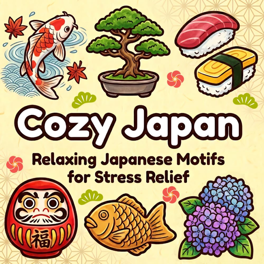 Cozy Japan: Bold and Easy Coloring Book with Cute and Simple Japanese Motifs for Relaxation and Anxiety Relief
