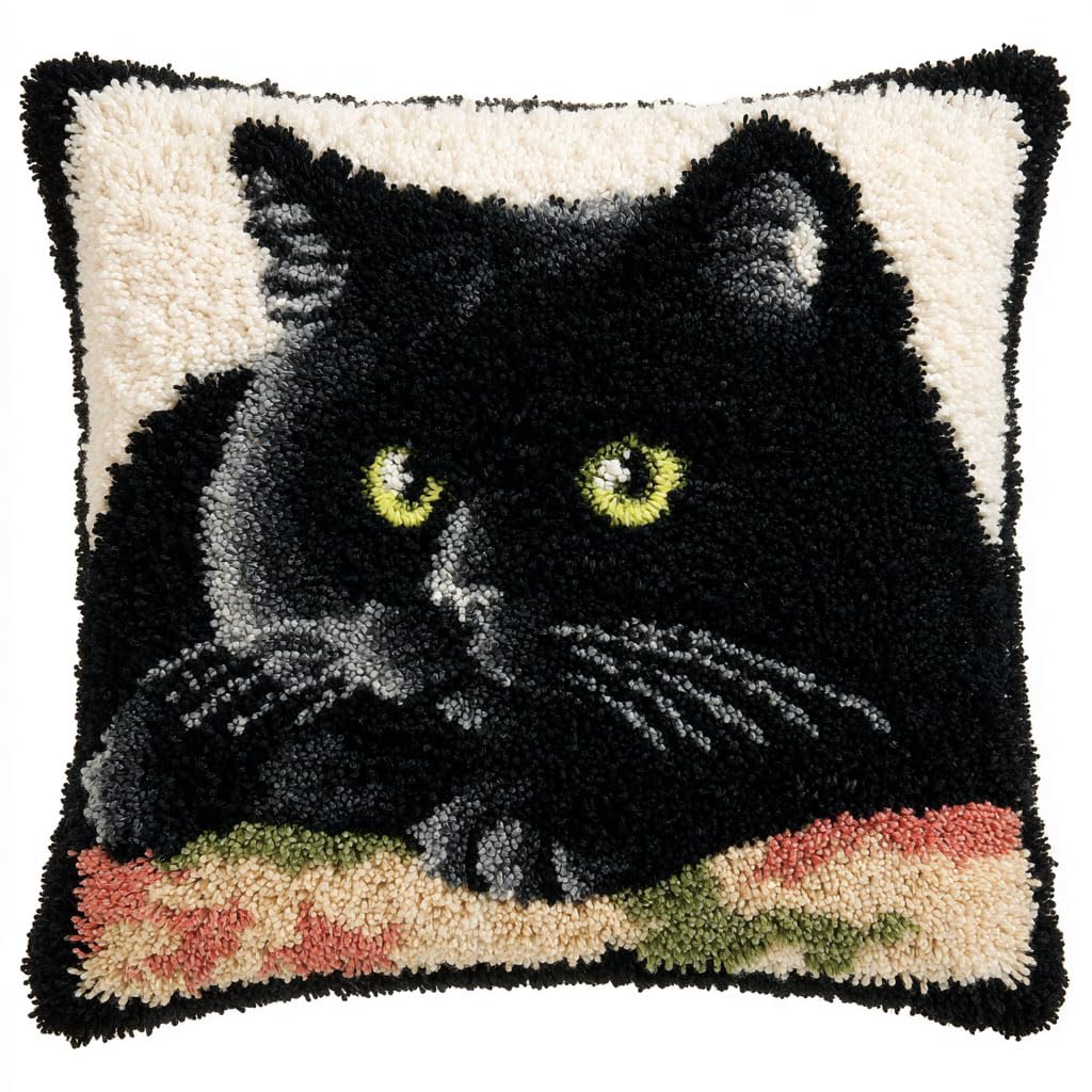 Taxpy DIY Latch Hook Kits, Animal Black Cat Pillow with Printed Canvas Cushion Crochet Yarn Embroidery Hook and Latch Kit Throw Pillowcase Decoration 43x43cm